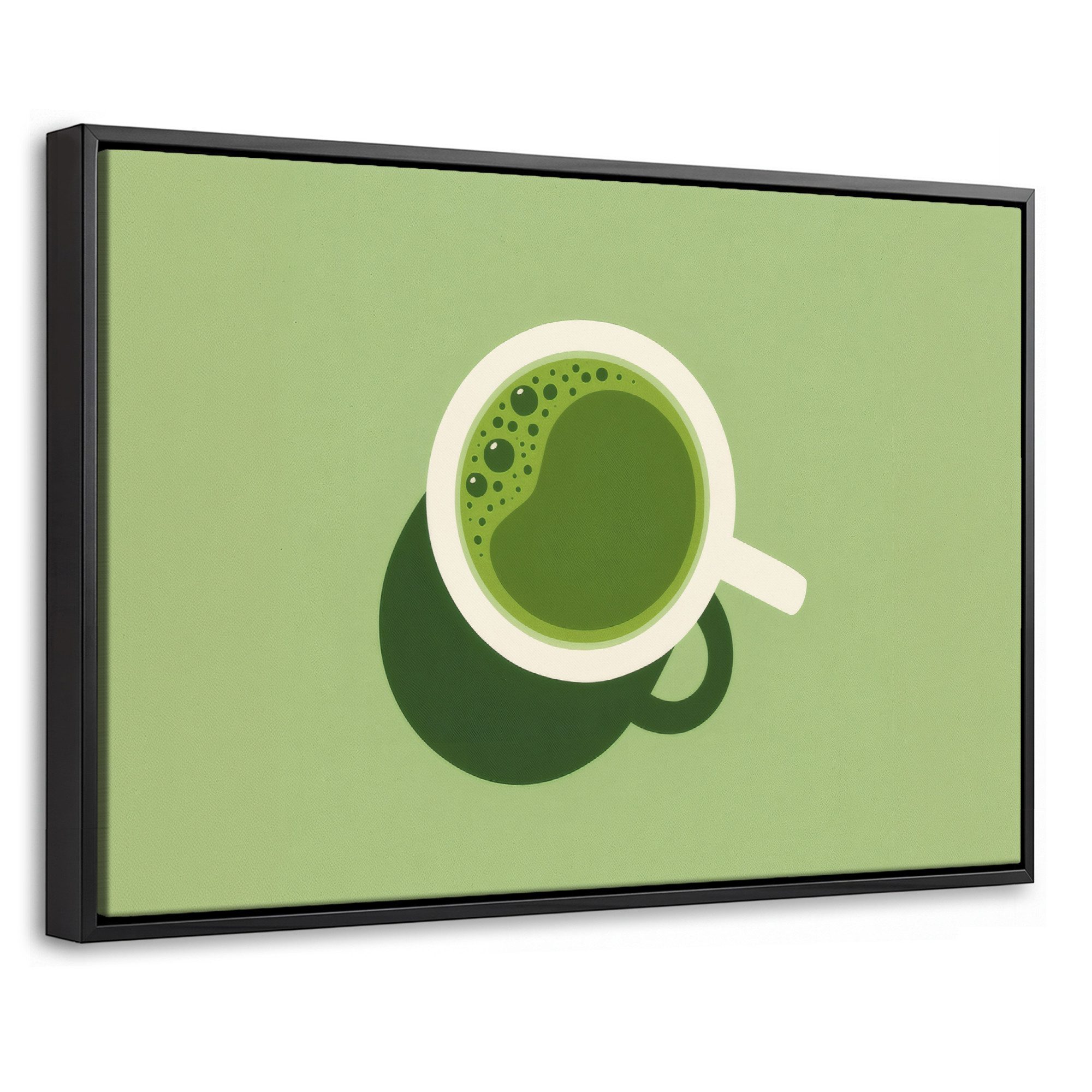 OneMillionCanvasses® Leinwandbild mit Rahmen - Minimalistisch - Becher - Matcha -Grün, Fotodruck (1 St), Wandbilder für Esszimmer, Wanddeko Bilder Küche, 30x20cm