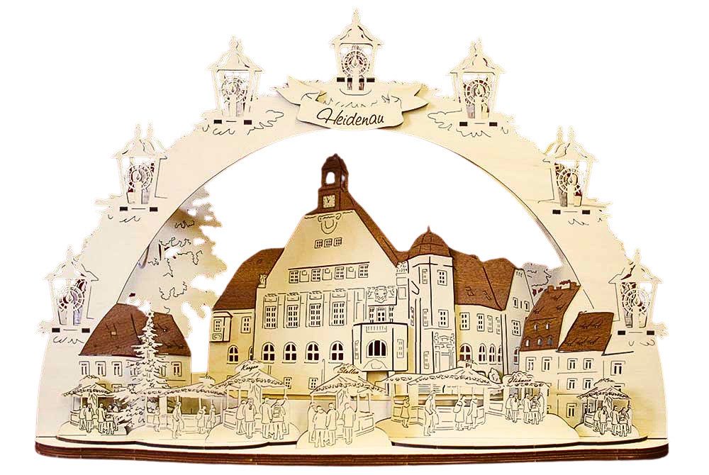 DeColibri LED Schwibbogen 3D LED Schwibbogen Dresden Heidenau Rathaus -Holzkunst - mit Netzkabel, Holzkunst aus Sachsen, beleuchtet