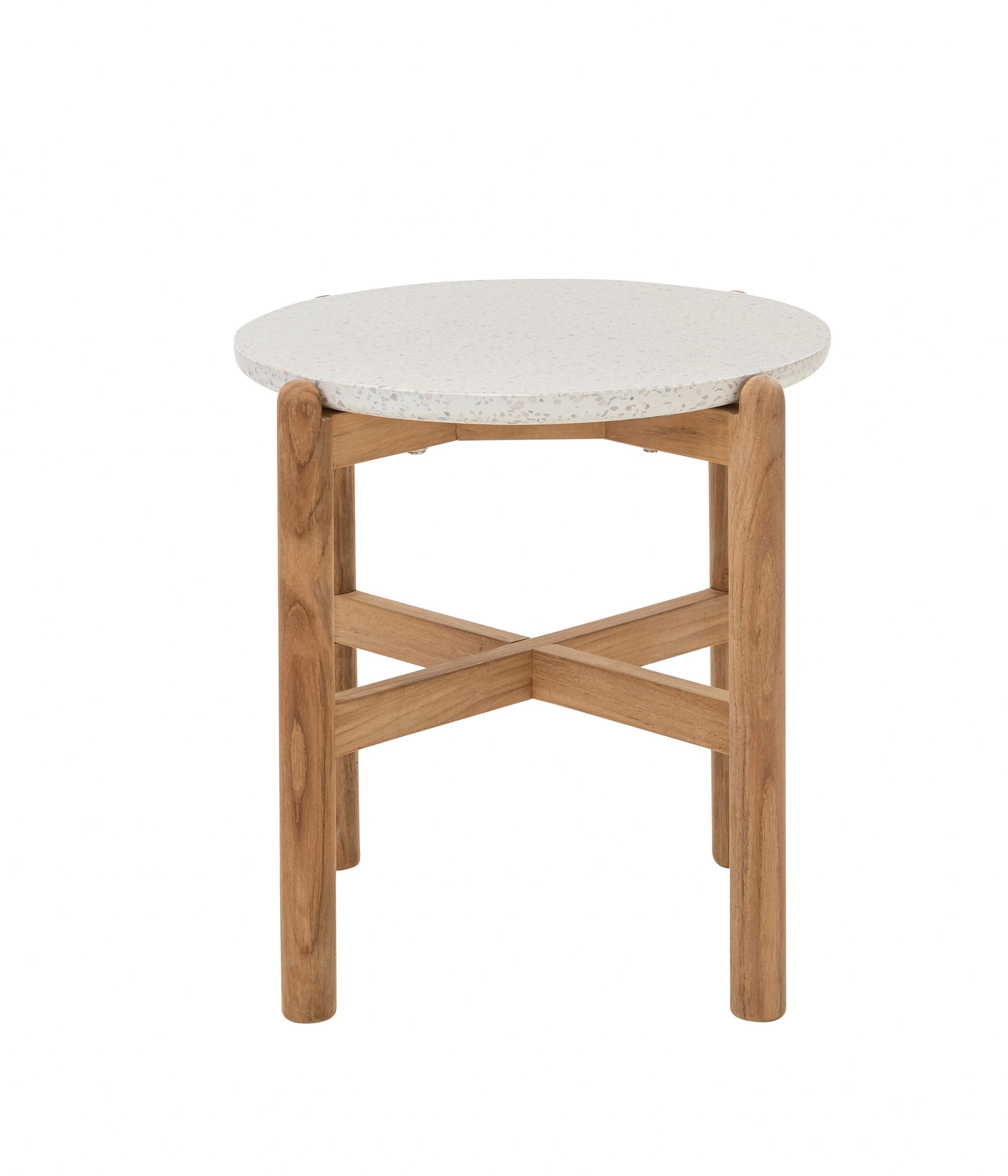 Dehner Balkonset Beistelltisch Portofino, Ø 45.5 cm, Höhe 47.8 cm, aus FSC® zertifiziertem Teakholz, mit trendiger Terrazzo-Tischplatte