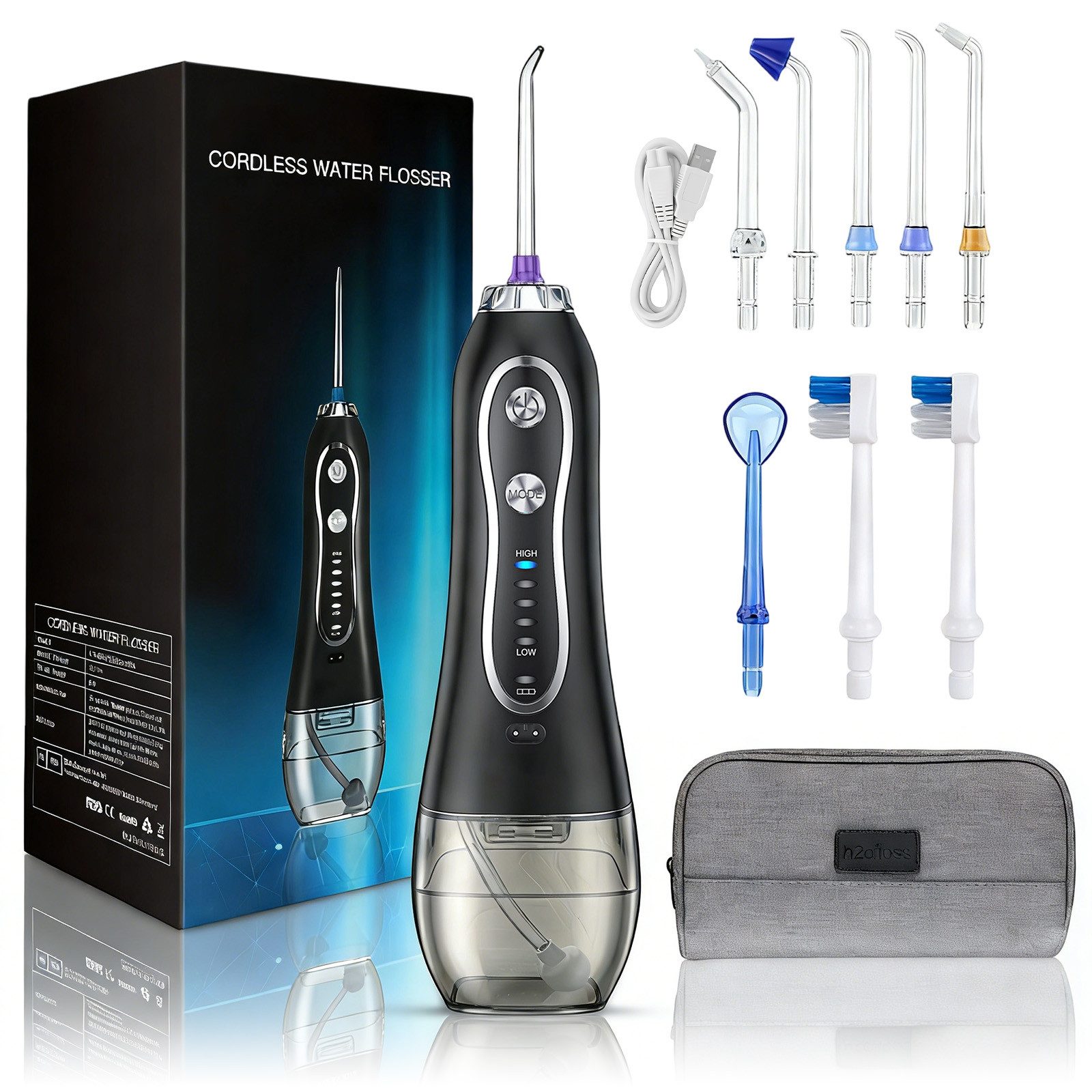 AKKEE Munddusche Kabellos Tragbar Elektrische Zahndusche mit 5 Wasserdruckeinstellungen, 300ml Wassertank, Anpassbare Wasserstrahlen