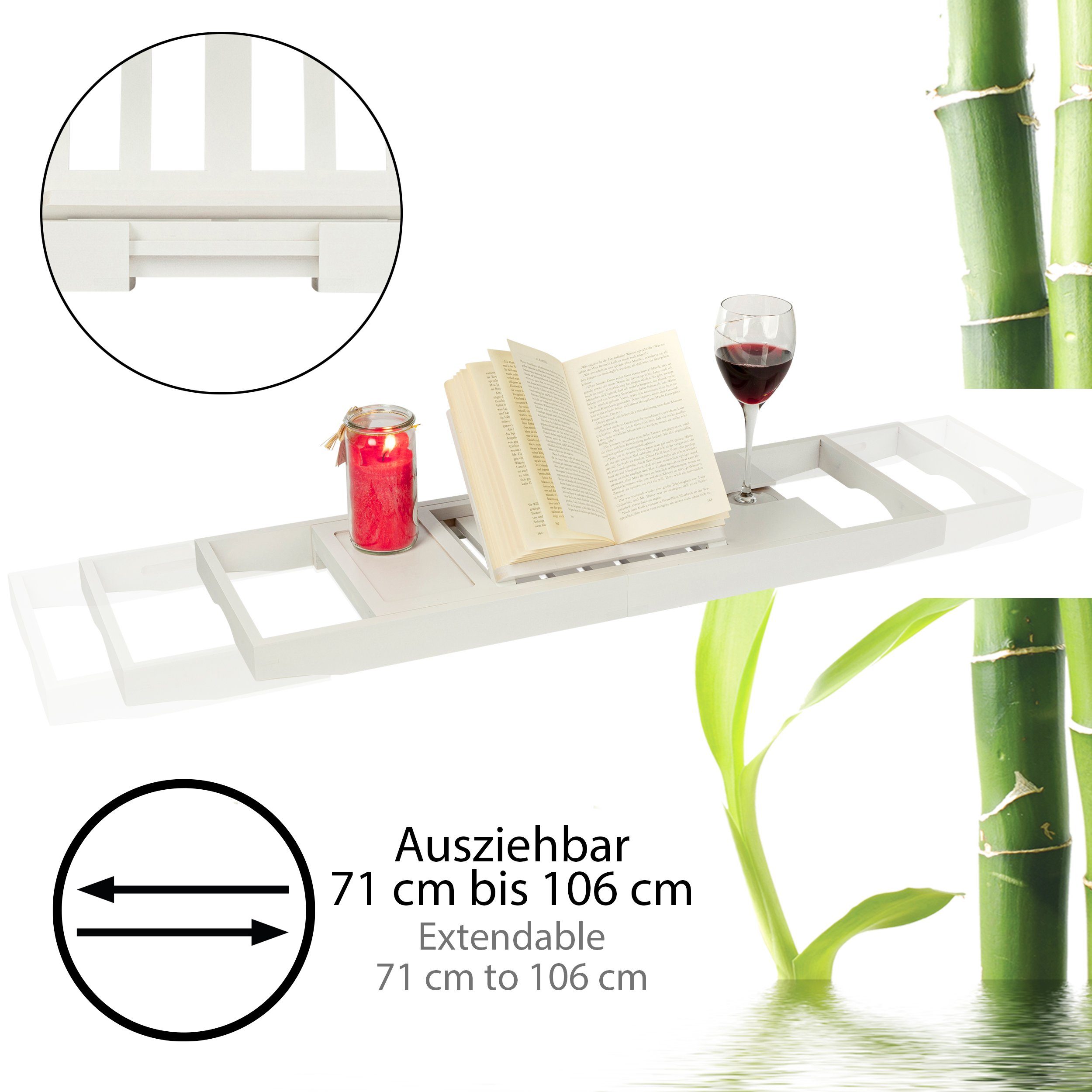 aus ONVAYA weiß Badewannenbrett Badewannentablett Badewannenablage ausziehbares Bambus-Holz,