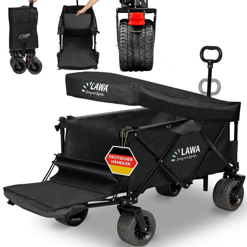 LAWA Living and Lifestyle Bollerwagen faltbar mit Dach klappbarer Handwagen Transportwagen 100kg klein (nur 12,4kg leicht), mit Bremse, Leiterwagen mit Heckklappe, kompakt, Schwarz