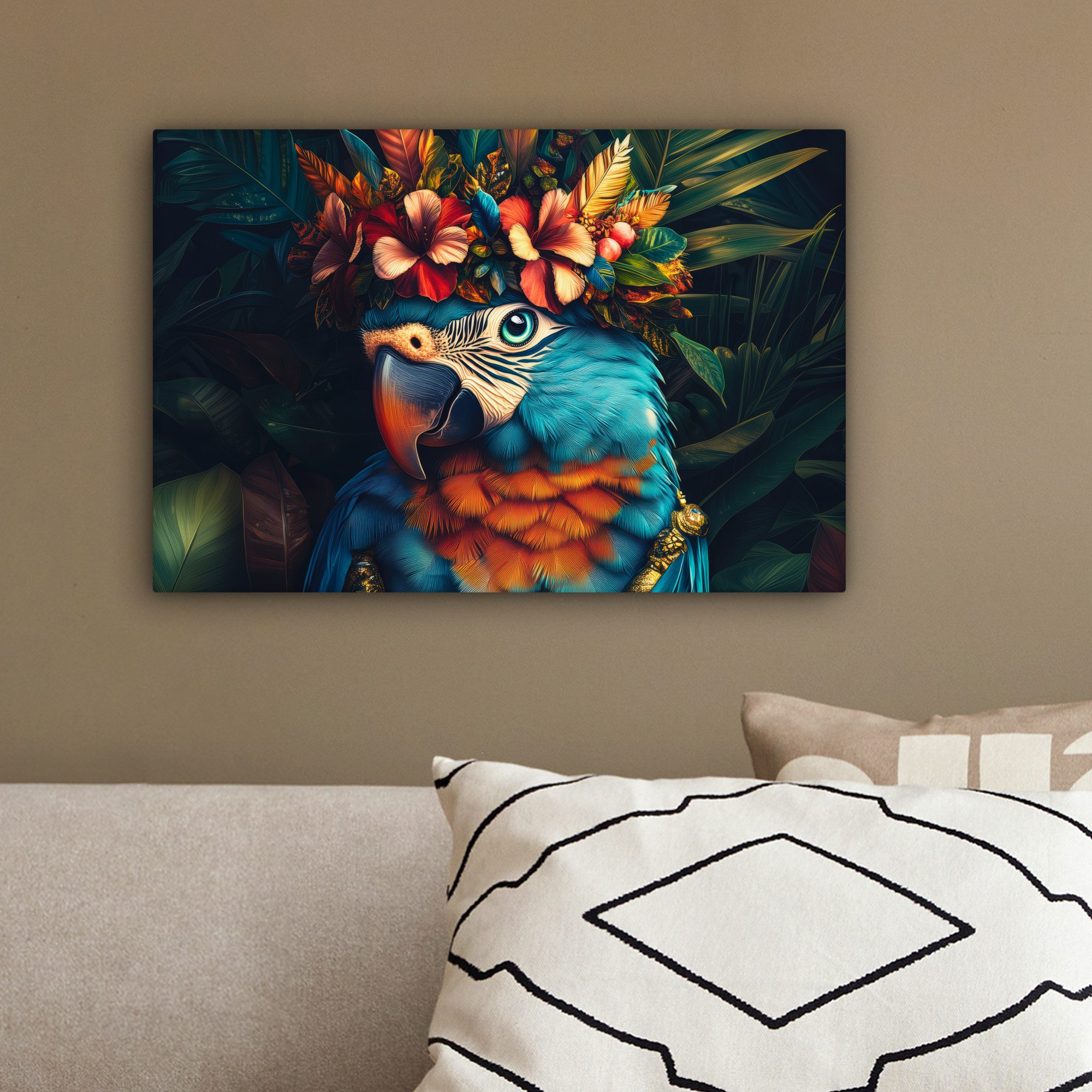 OneMillionCanvasses® Leinwandbild Papagei - Vogel - Bunt - Blumen - Blätter, Fotodruck (1 St), Leinwand Bilder Klein, Wand Dekoration Aesthetic 30x20 cm – Bild 4 von 5