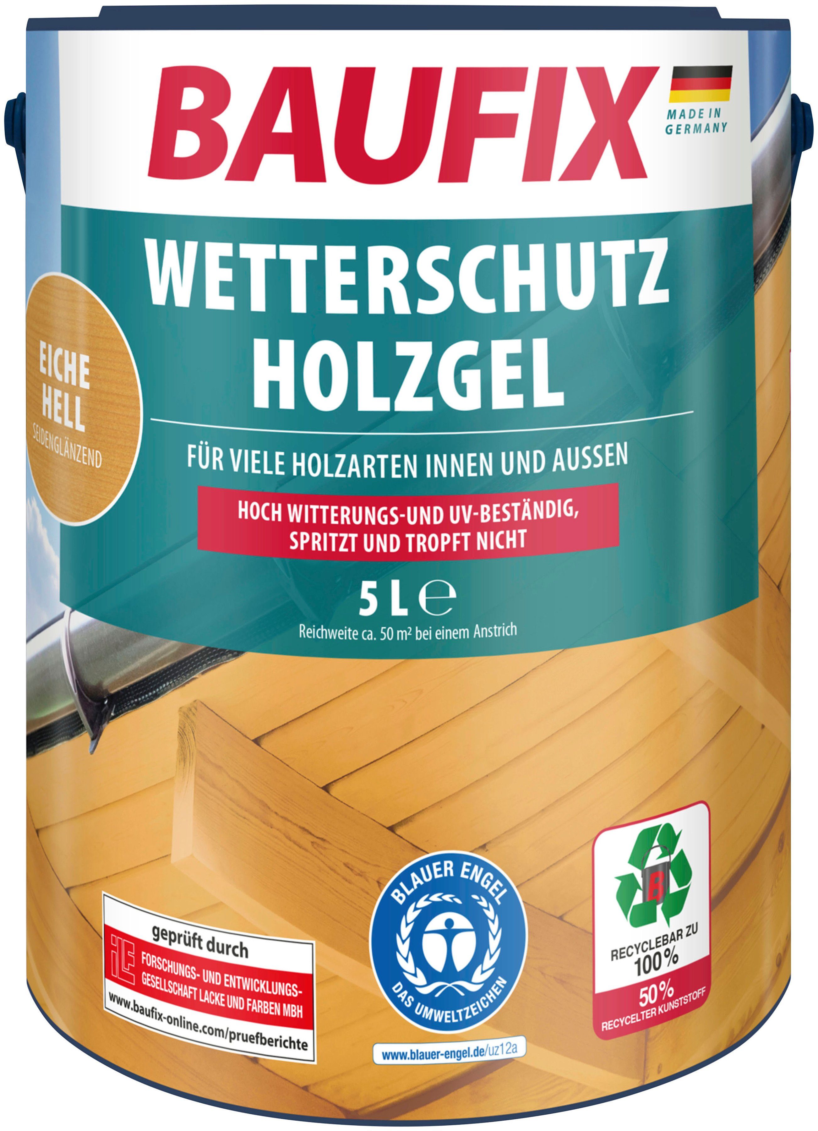 Baufix Holzschutzlasur Wetterschutz-Holzgel, wetterbeständig, UV beständig, atmungsaktiv, 5L, seidenglänzend eiche hell