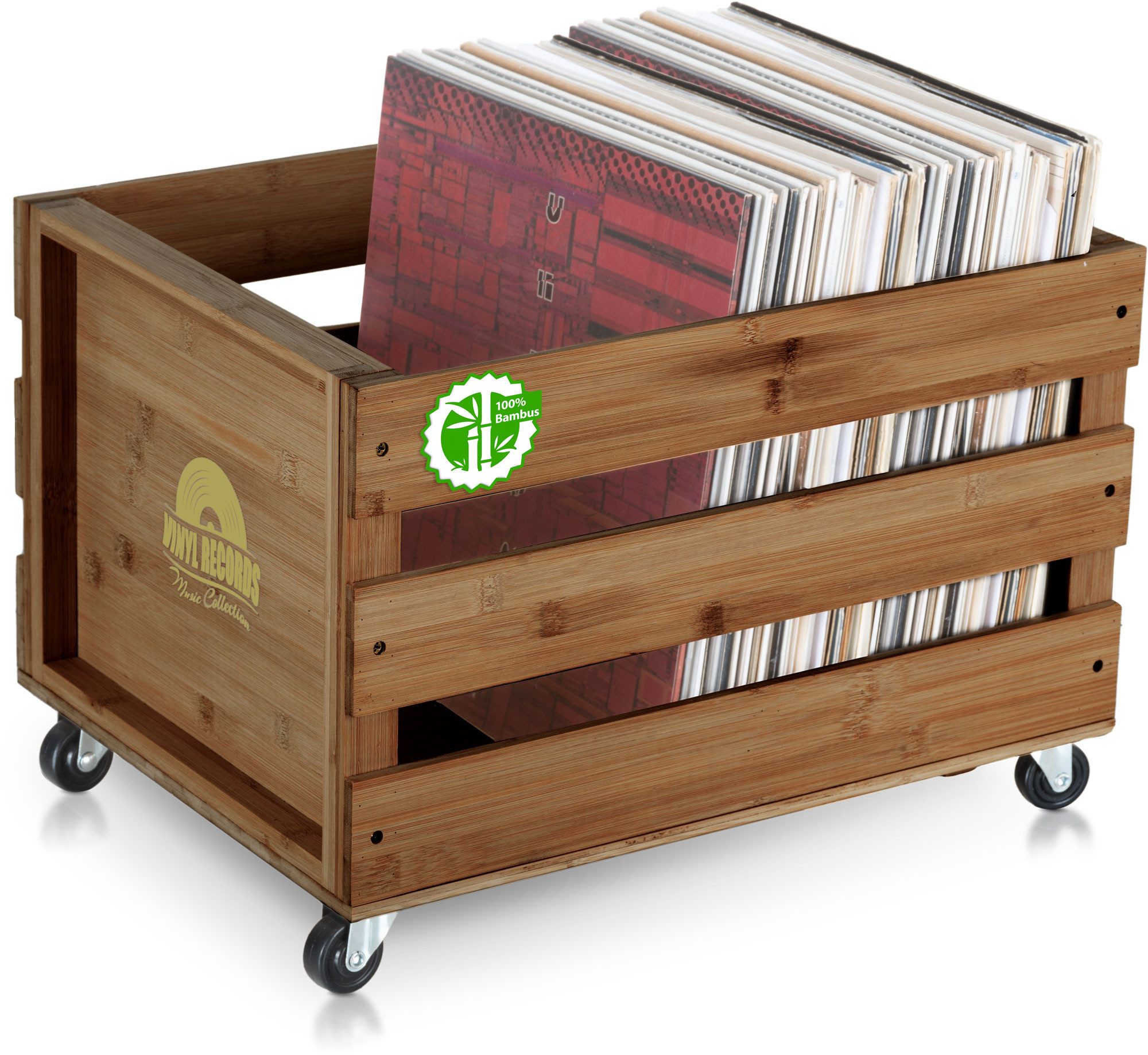 Stagecaptain Holzkiste SPKB-100 Schallplattenkiste "Emil" aus Bambus - Vinyl mit Stil, für bis zu 100 LPs - aus Vollholz im Retro-Design