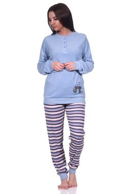 Normann Pyjama Damen Frottee Pyjama, Schlafanzug langarm mit süßem Katzen-Motiv
