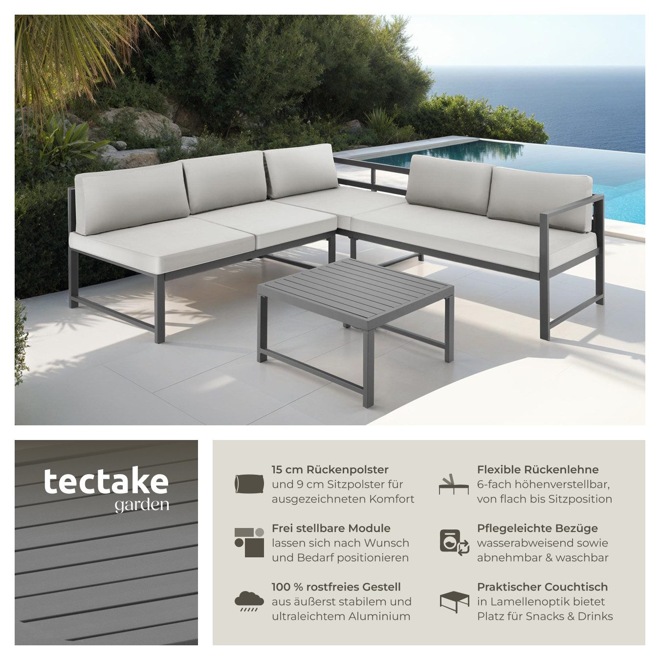 tectake Gartenlounge-Set Aluminium Sitzgruppe, (Set., 3-tlg), Wetterfeste und absolut rostfreie Konstruktion