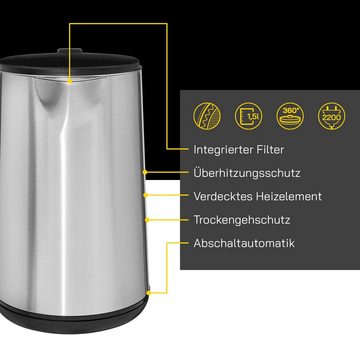 Gutfels Wasserkocher WATER 3020, 1.5 l, 2200 W, Doppelwandiges Edelstahl, integrierter Filter, 360° Sockel