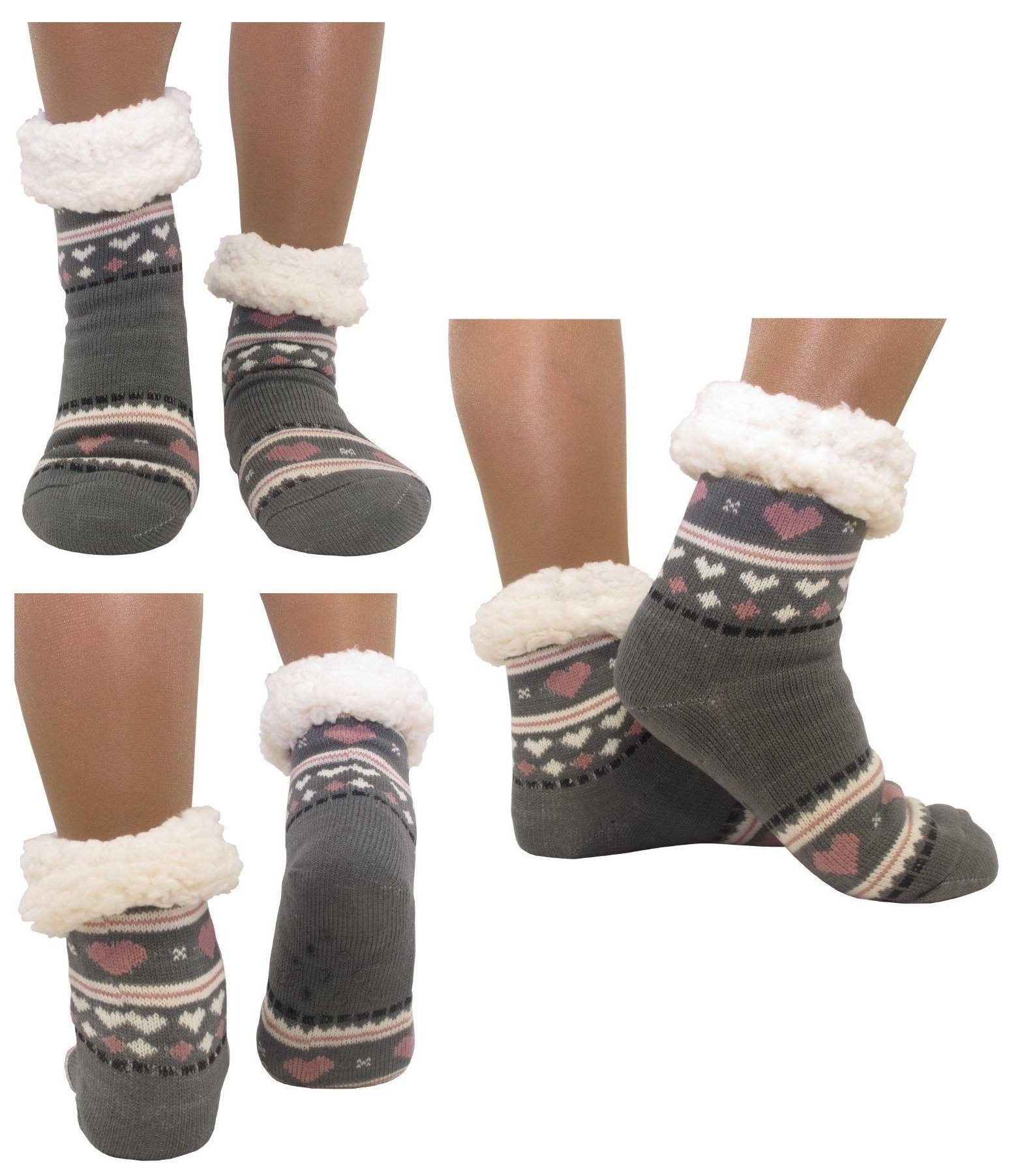 Haussocken Hüttensocken Haussocken Hüttenschuhe Herz ABS Teddy Farbe: dunkelgrau