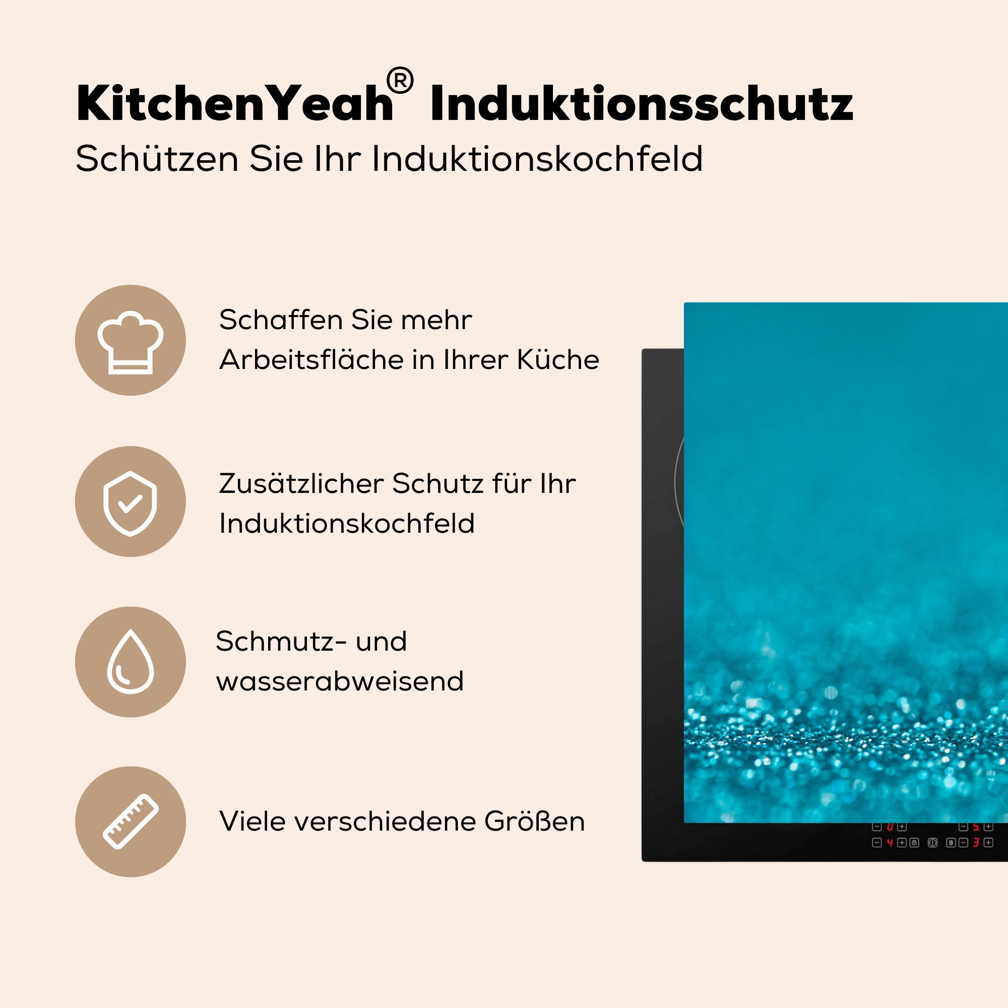 Vinyl, Ceranfeldabdeckung 81x52 Herdblende-/Abdeckplatte Induktionskochfeld MuchoWow die Türkisfarbener Glitter, (1 für küche, tlg), cm, Schutz