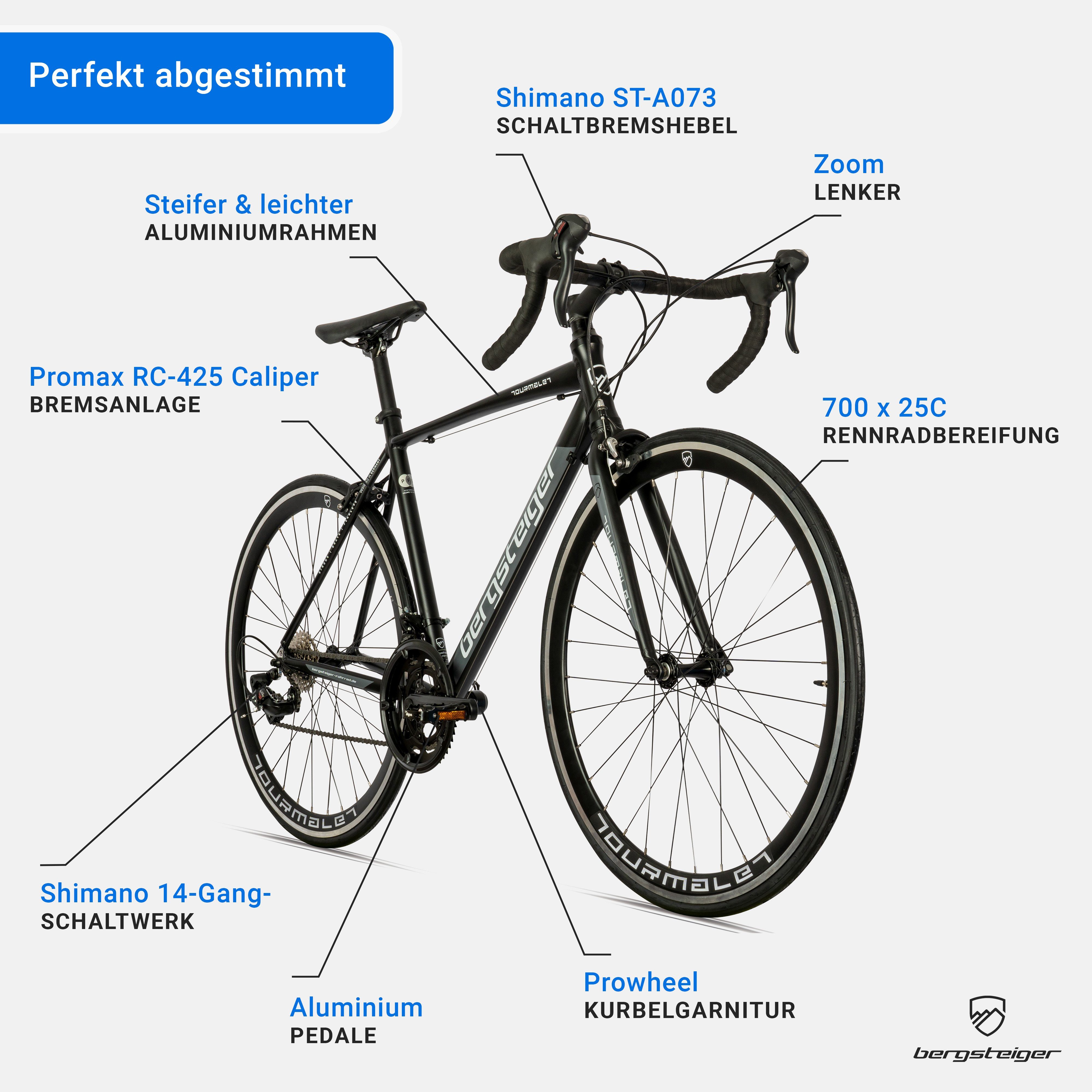 bergsteiger Rennrad Tourmalet 28 Zoll, Alu Gravelbike 14 Gang-Schaltung, Damen, Herren, 14 Gang, Kettenschaltung, Felgenbremse, Gewicht nur 11 kg – Bild 5 von 5
