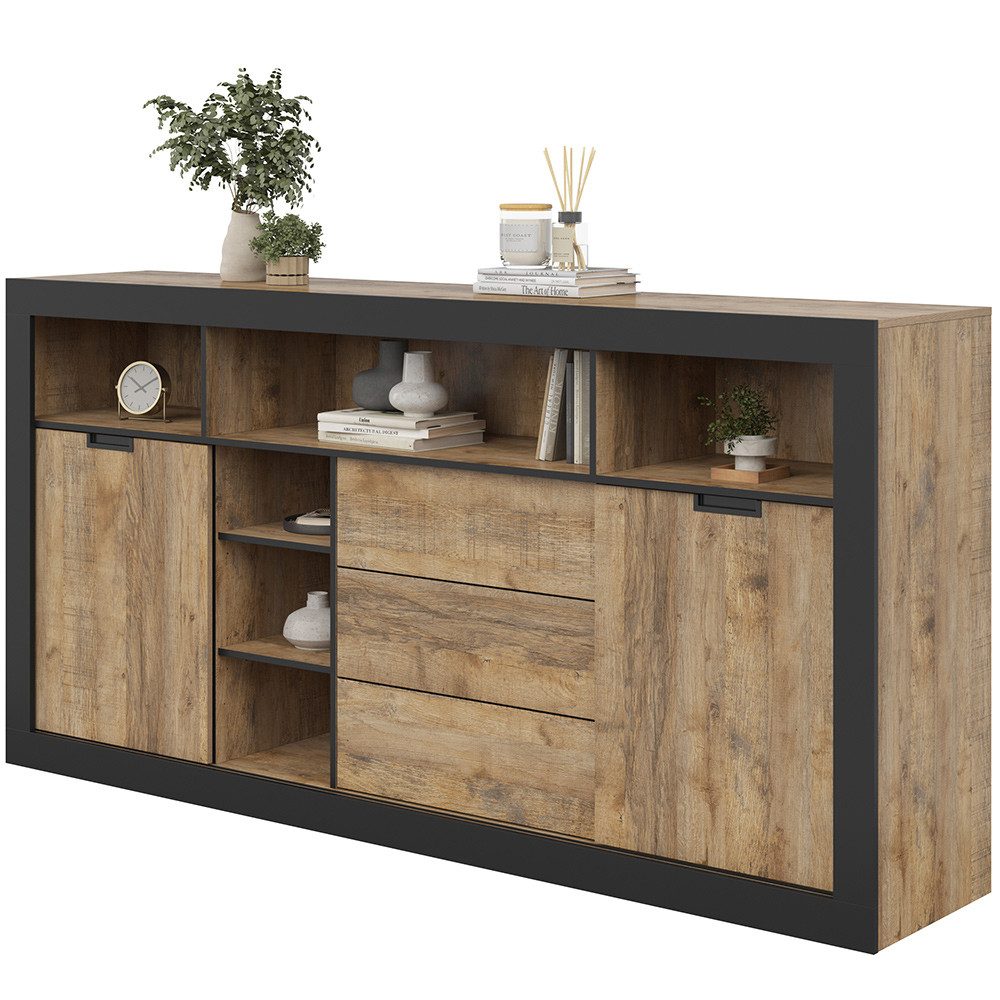 Lomadox Kommode TOLOSA-83, in Eiche mit Rahmen in Mattschwarz, Breite 220 cm
