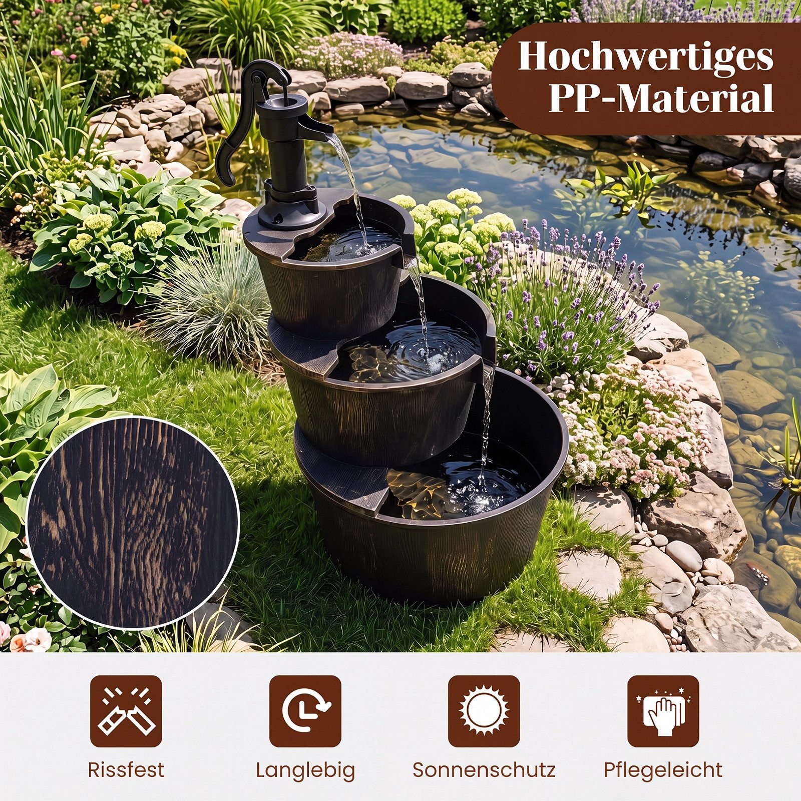 COSTWAY Wasserspiel 3-stufiger Gartenbrunnen mit Pumpe, Springbrunnen aus PP