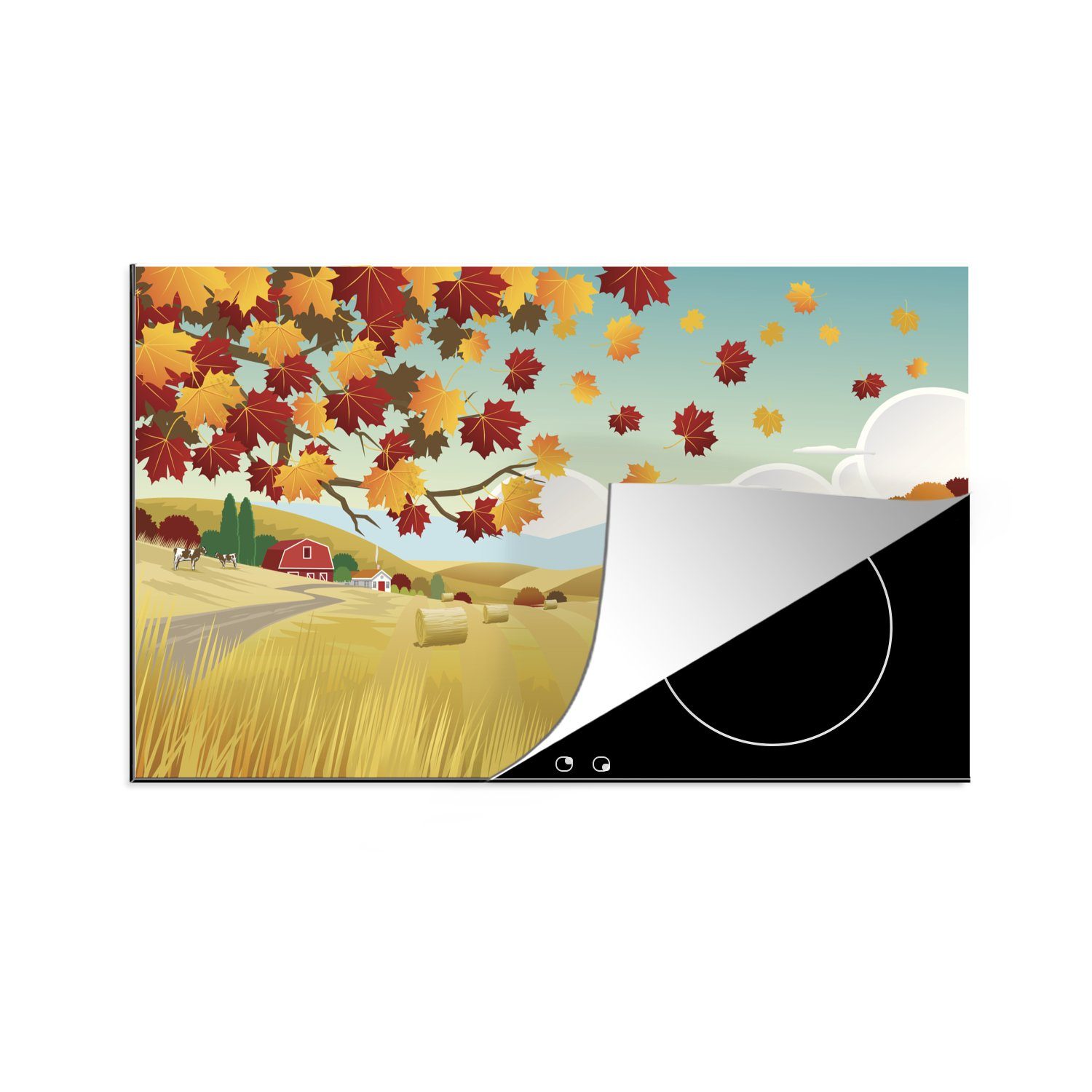 MuchoWow Herdblende-/Abdeckplatte Eine herbstliche Illustration eines Feldes voller Heuballen, Vinyl, (1 tlg), 83x51 cm, Ceranfeldabdeckung, Arbeitsplatte für küche