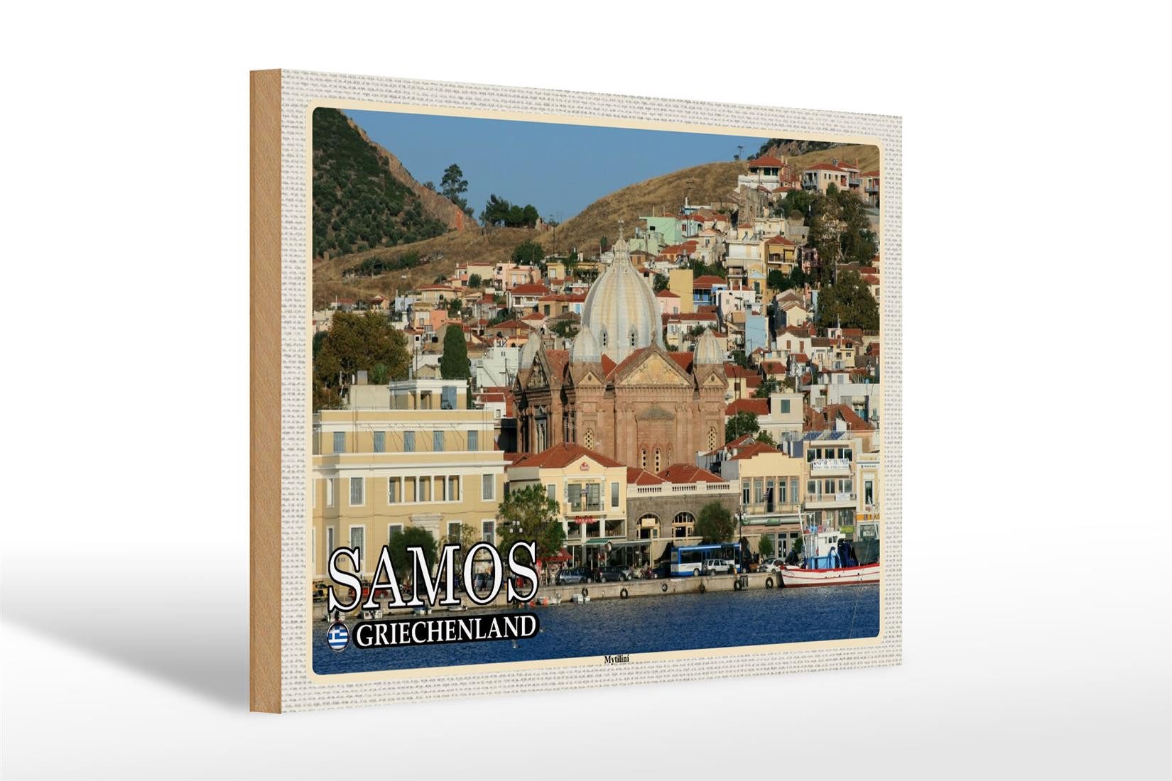 Holzbild Reise 30x20cm Samos Griechenland Mytilini Stadt Meer