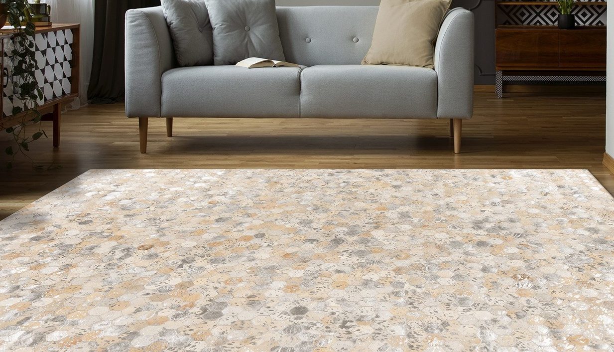 Kayoom Lederteppich Ravi 400 - Fellteppich, rechteckig, Höhe: 8 mm, metallische Effekte, Patchwork Dessin, Rindsfell mit Wollrücken