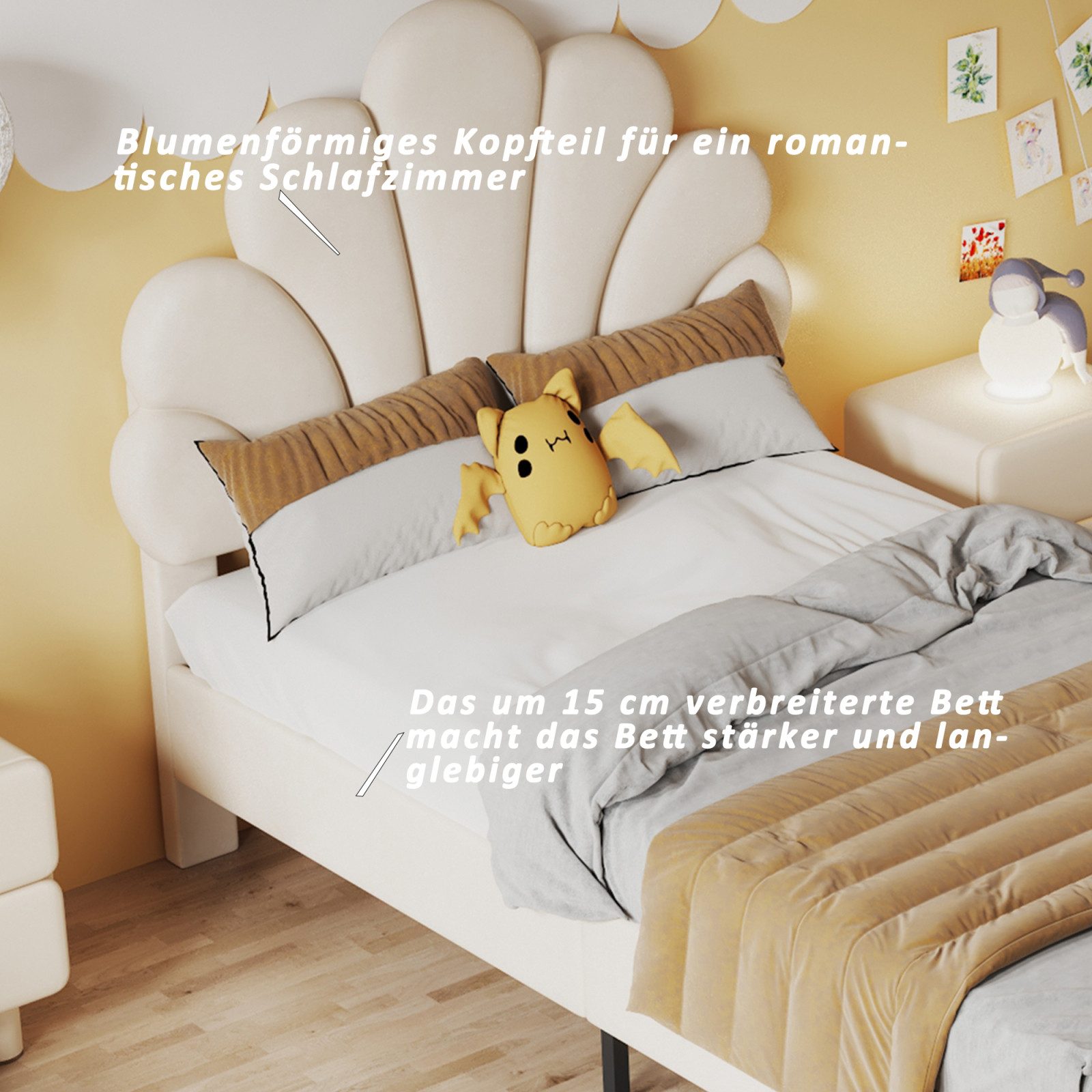 Simurq Einzelbett Polsterbett 90x200, Jugendbett, Einzelbett, Bettgestell, Gästebett, Mit Lattenrost, Blütenblattförmiges Kopfteil, Samt