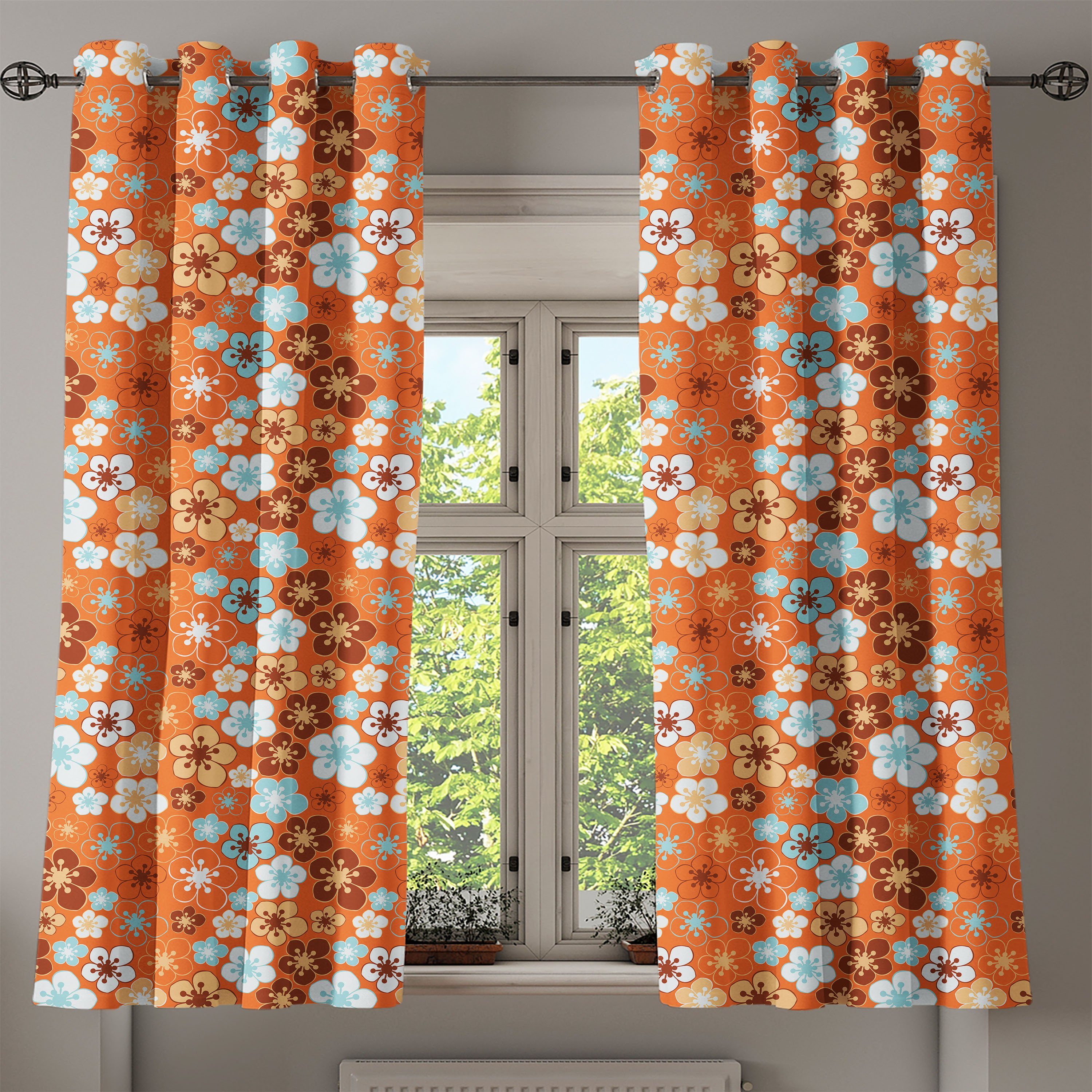 für Abakuhaus, Flora Schlafzimmer Sommer Doodle 2-Panel-Fenstervorhänge Orange Gardine Dekorative Wohnzimmer,