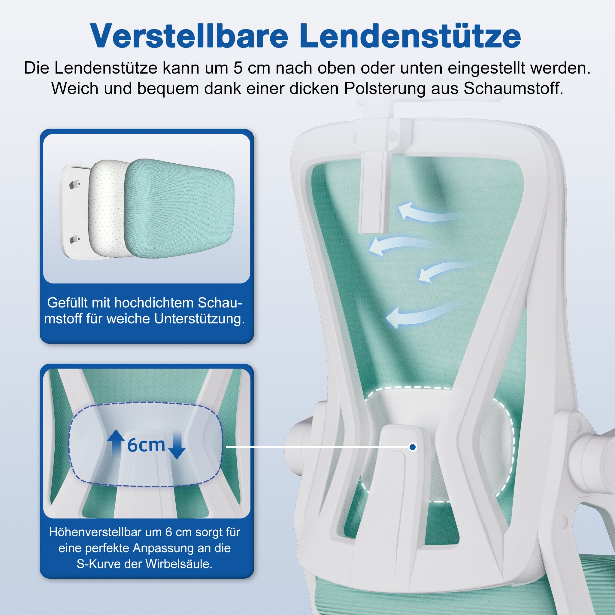 Adormii Bürostuhl Ergonomischer Bürostuhl mit klappbaren Armlehnen und Rückenlehnen (Drehstuhl mit Drehbare, höhenverstellbarer Kopfstütze, geräuscharme Rollen, – Bild 5 von 5