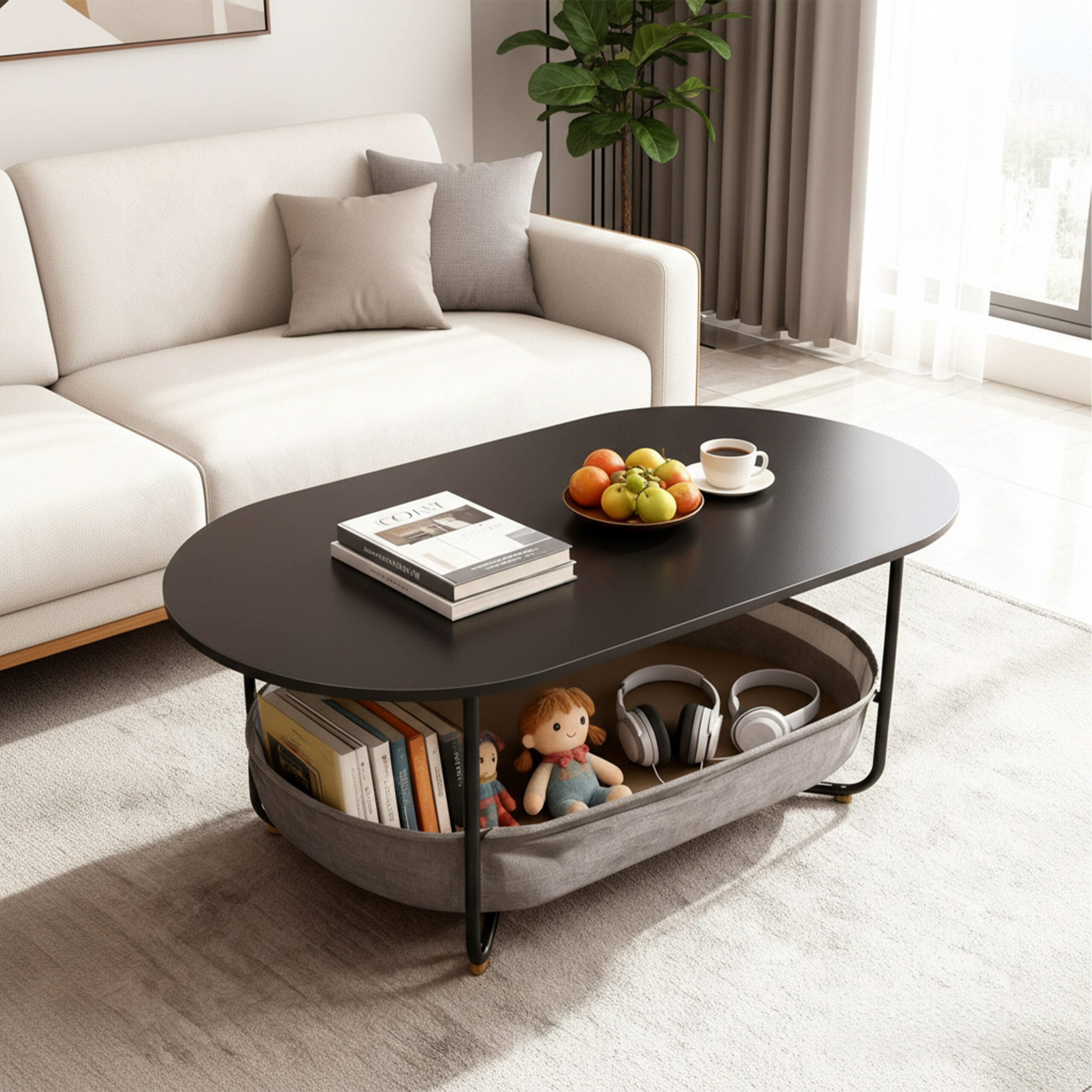 relaxdays Couchtisch Ovaler Couchtisch mit Stauraum, Schwarz-Dunkelgrau