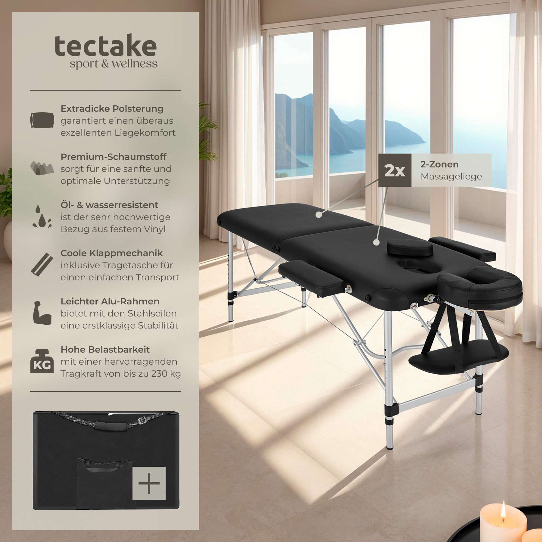 tectake Massageliege 2-Zonen Kosmetikliege mit Vinylbezug - Öl- und wasserresistent (Set, 1-St., mit Tragetasche), Inkl. Tragefunktion und abnehmbarer Kopfstütze