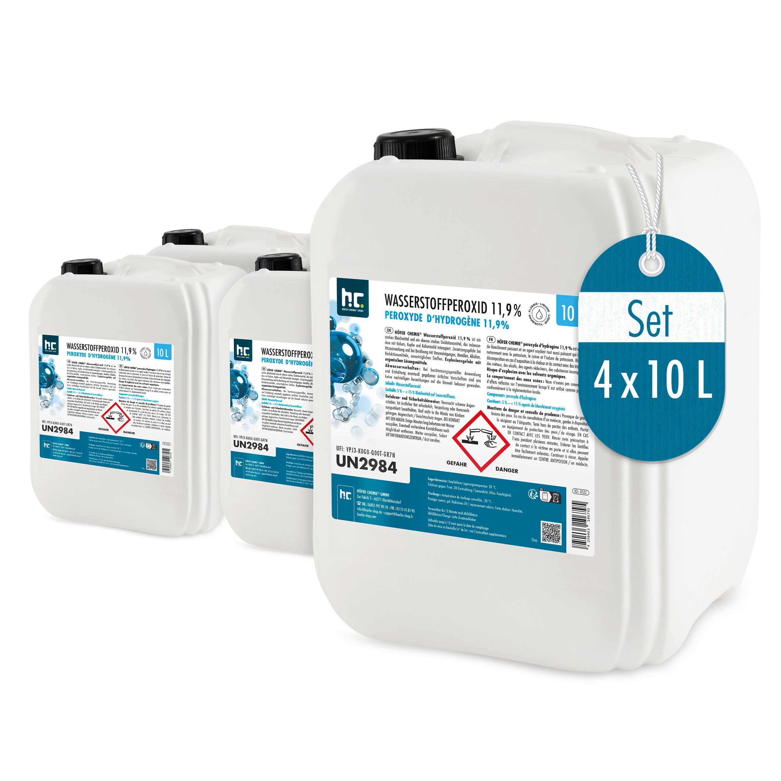 Höfer Chemie GmbH 4x 10 L Wasserstoffperoxid 11,9% Grundreiniger (Vielseitig einsetzbar zur Reinigung)