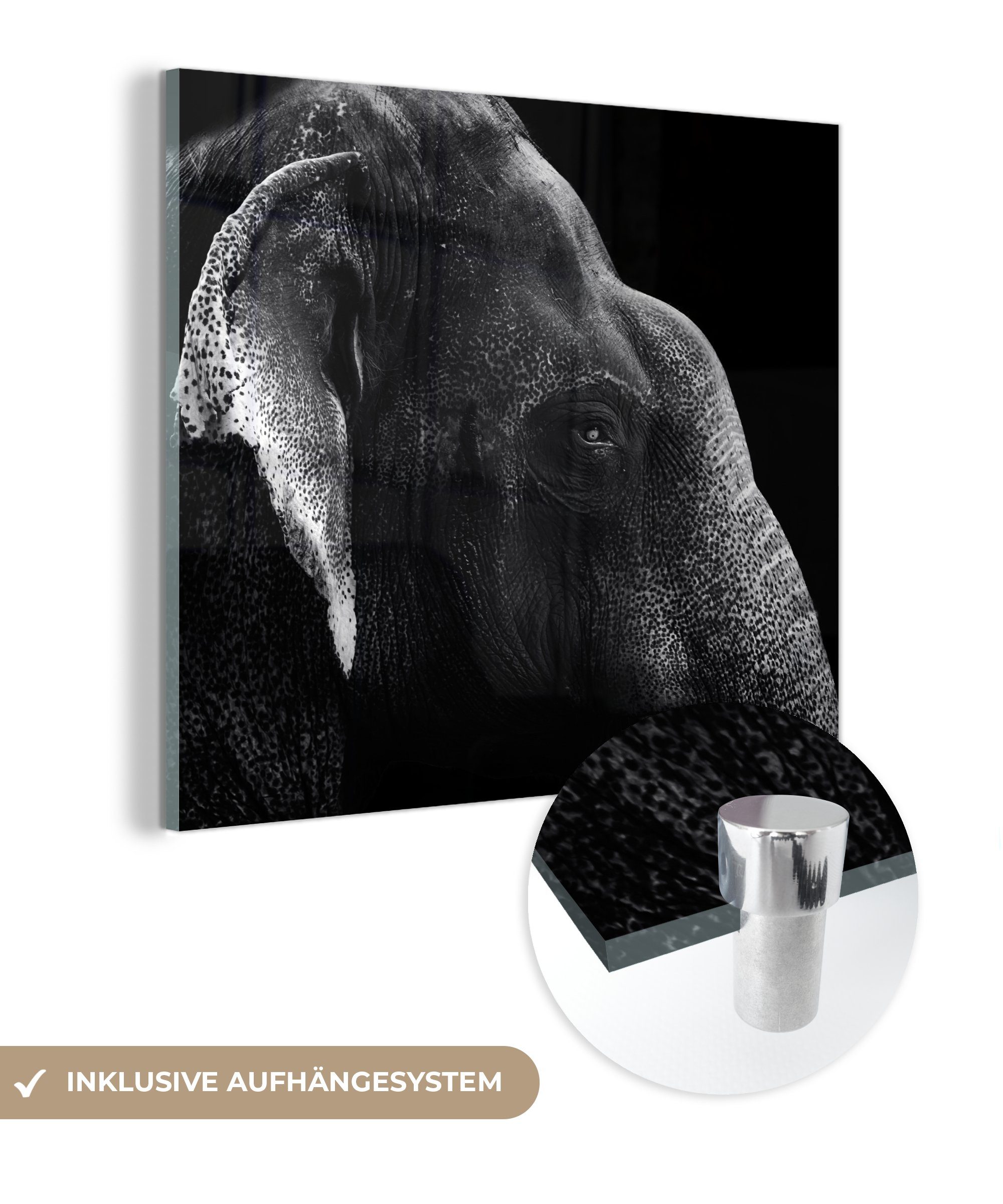 MuchoWow Acrylglasbild Elefant auf schwarzem Hintergrund in schwarz und weiß, (1 St), Glasbilder - Bilder auf Glas Wandbild - Foto auf Glas - Wanddekoration