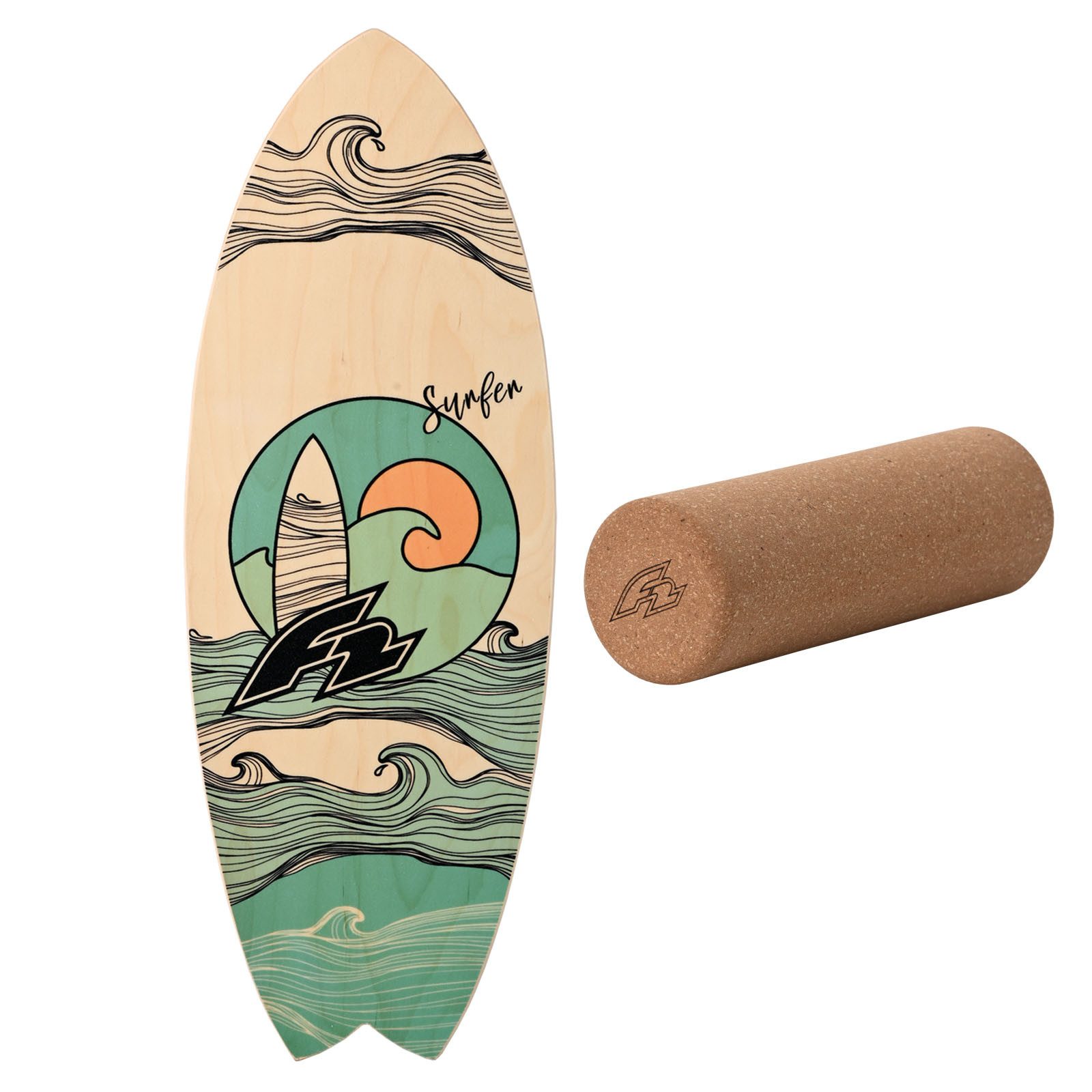 F2 Balanceboard F2 Set Balance Board Surfer 87x32cm mit Korkrolle