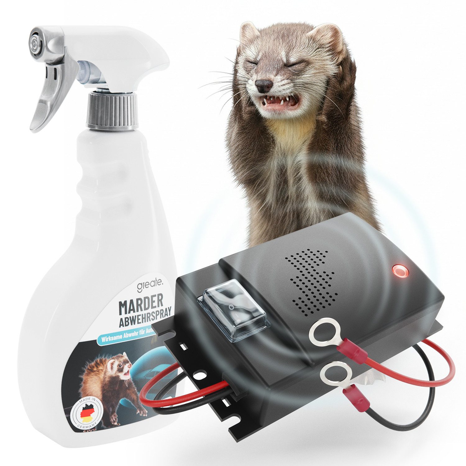 greate. Marderspray Marderabwehr Set - Anti Marderspray + Ultraschall Marderschreck Auto, 500 ml, 2-St.