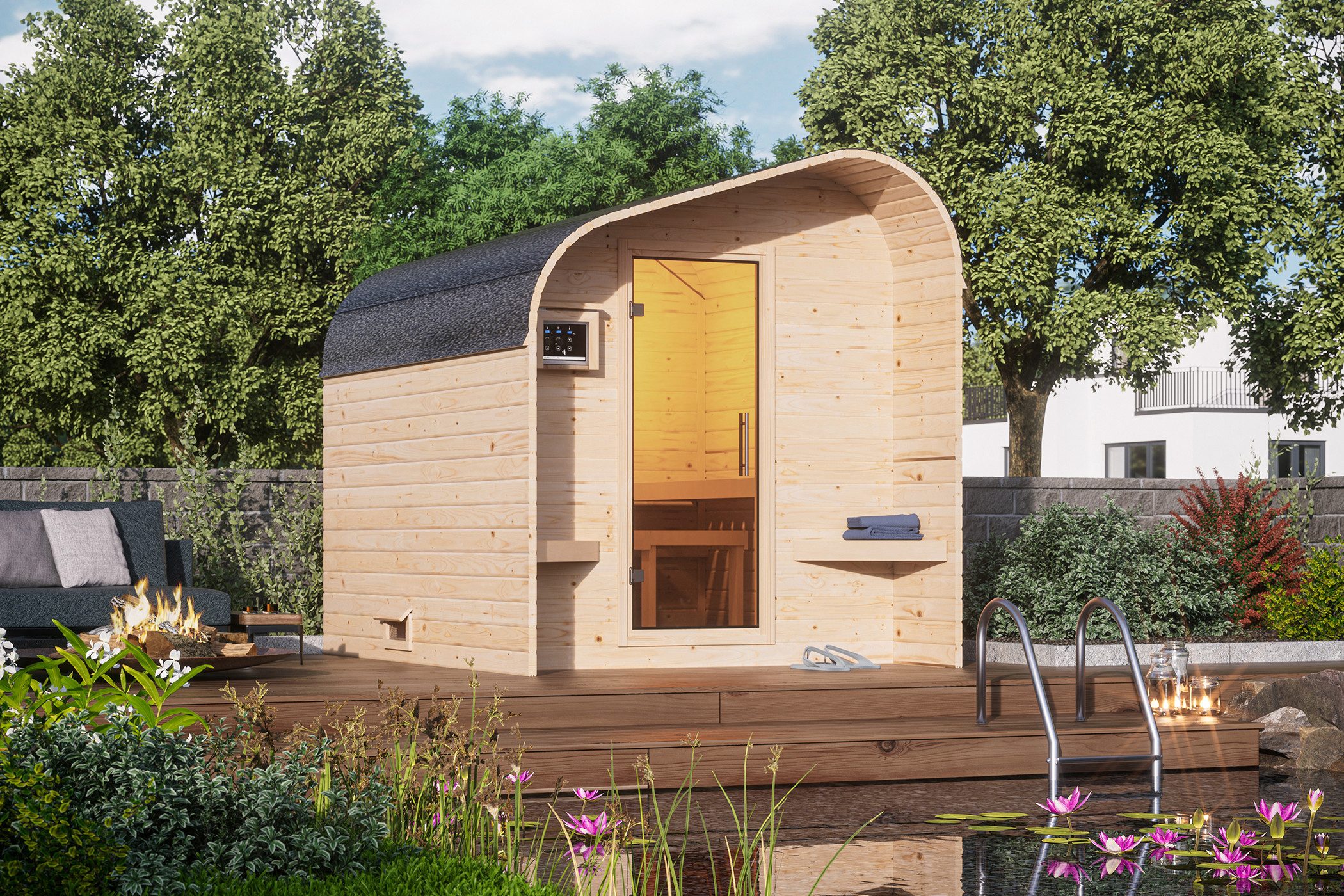 Karibu Saunahaus, BxTxH: 219 x 295 x 244,5 cm, 38 mm, mit- und ohne Ofen erhältlich, naturbelassen