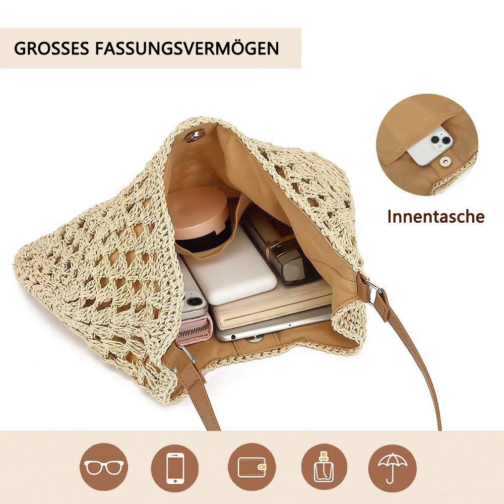Zaewry Strandtasche Damen, Sommer Handtasche, Strohtaschen, Stilvoll Korbtaschen, Basttaschen, Boho Shopper Tasche, Schultertasche Umhängetasche