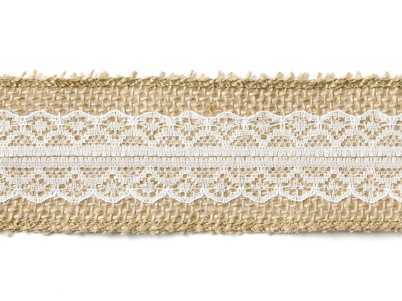 partydeco Dekoband, Juteband mit mittiger weißer Spitze 5cm x 5m Rolle natur braun weiß