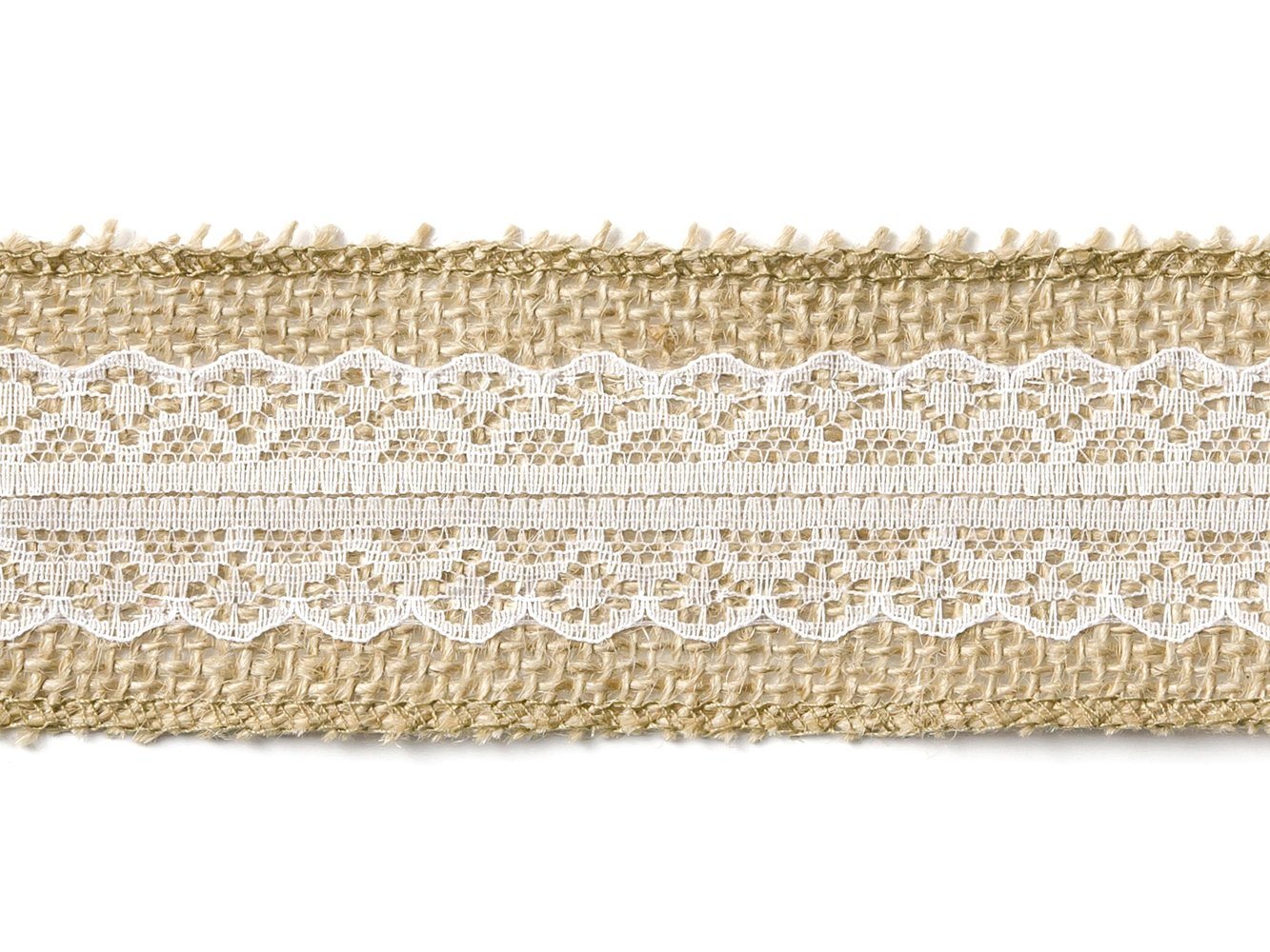 partydeco Dekoband, Juteband mit mittiger weißer Spitze 5cm x 5m Rolle natur braun weiß