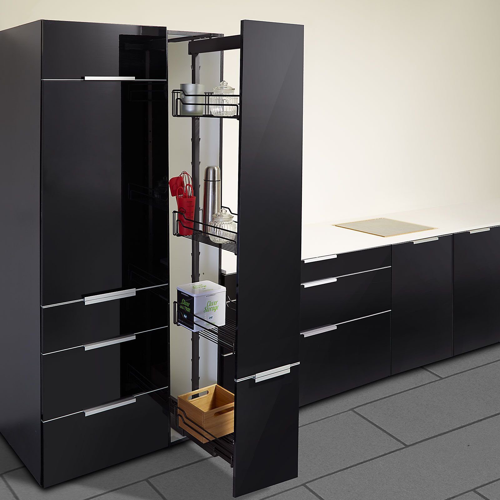Kesseböhmer Auszugsboden Dispensa-X anthrazit für 30 cm Schrankbreite SoftstopPlus, Clickfixx und 4 Einhängetablare, Tragrahmen 1200-1600 mm
