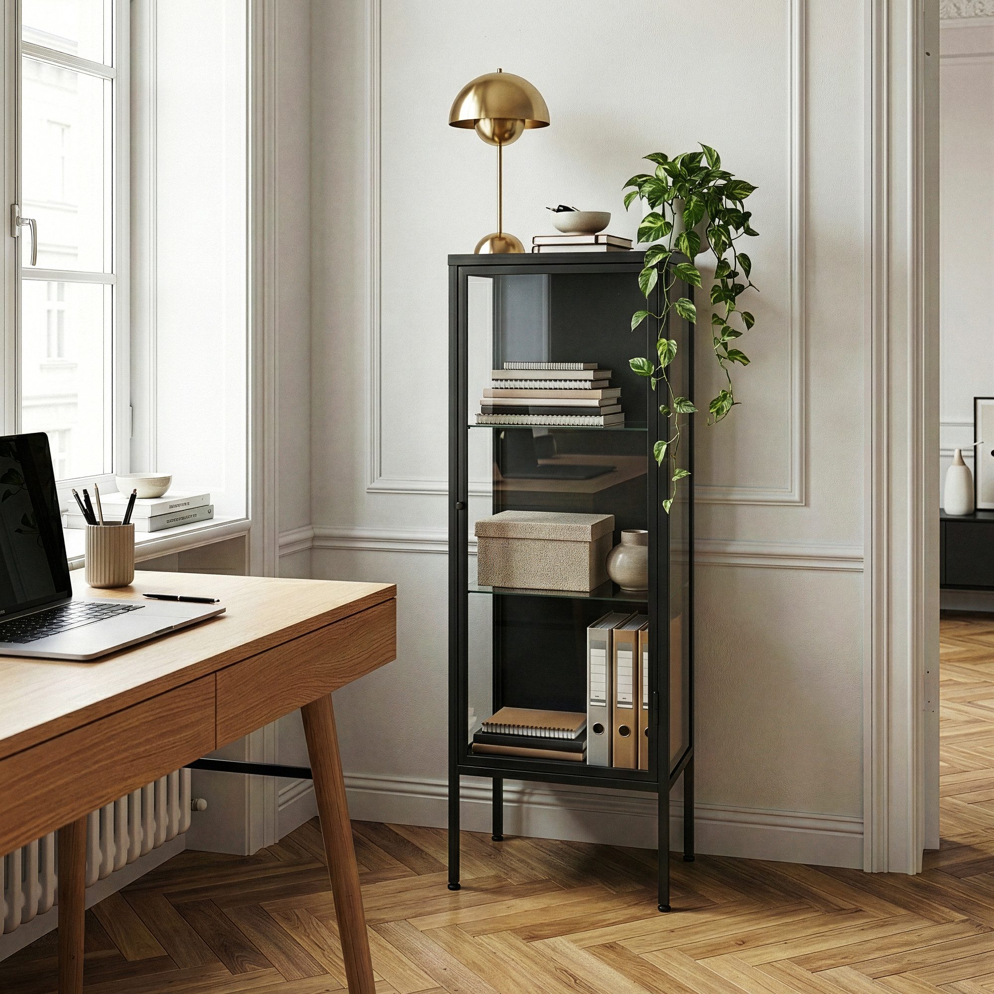 en.casa Standvitrine »Borshavisa« 116x34x30 cm mit 1 Tür und 3 Fächern Stahl Schwarz