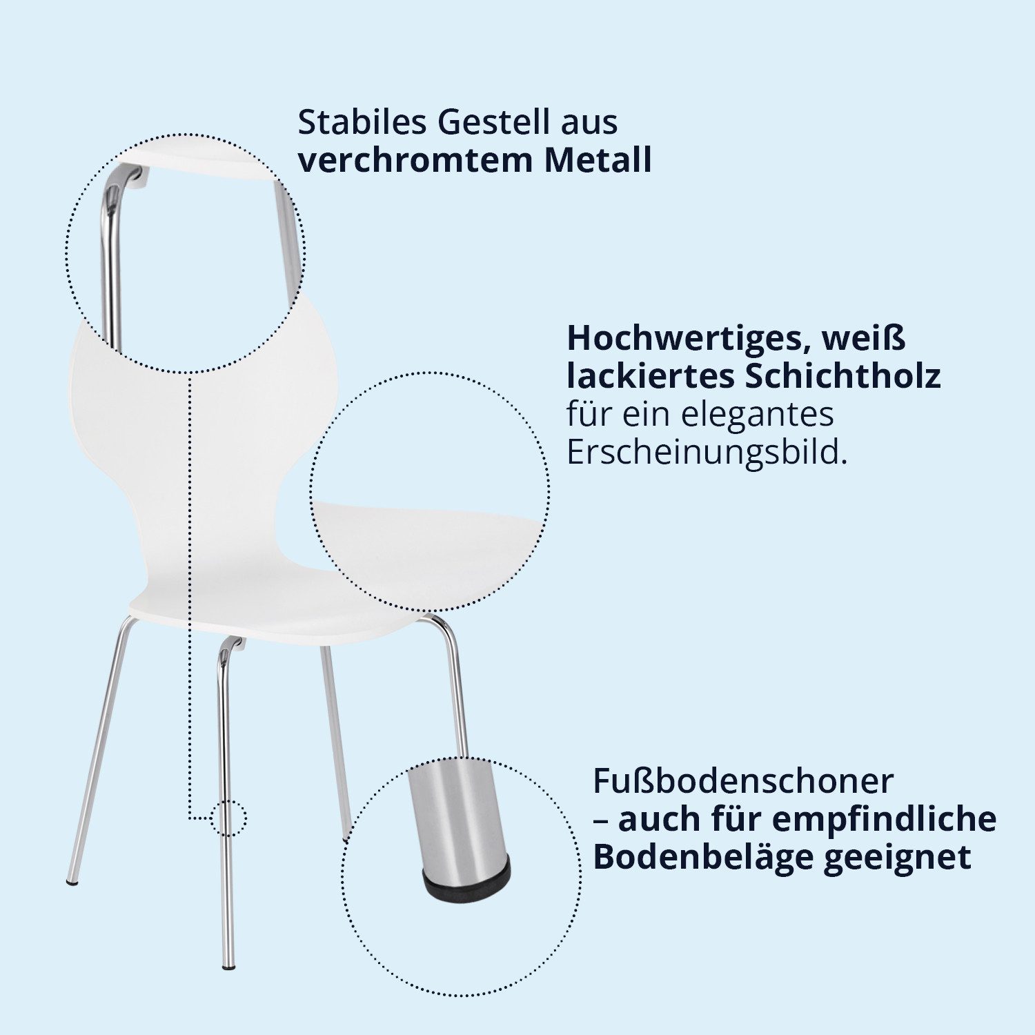 KHG Stapelstuhl Esszimmerstuhl Weiß, bis 110 kg belastbar, Modern, Stapelbar, Einteilige Sitzschale, Metallgestell verchromt silber – Bild 4 von 5