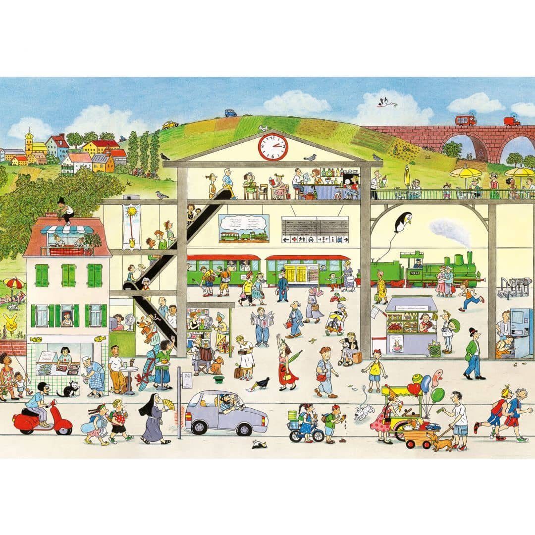 Wimmelbuch Verlag Fototapete XXL Fototapete Kinderzimmer Wimmel Zugstation bunter Bahnhof Sommer, Bahnhof Vliestapete