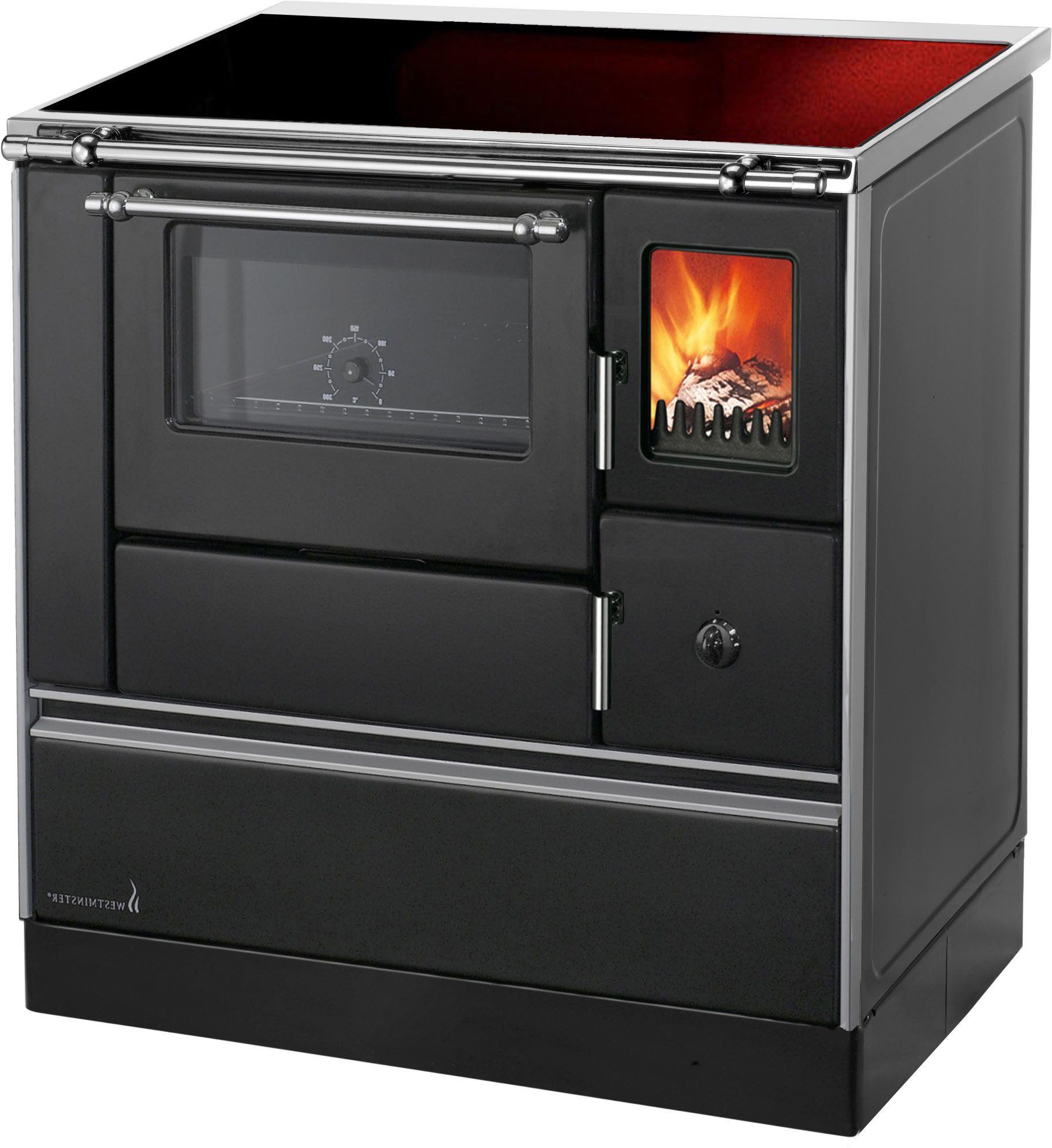 WESTMINSTER Festbrennstoffherd K76F-90 schwarz, links, Ceran, 7,3 kW, Zeitbrand