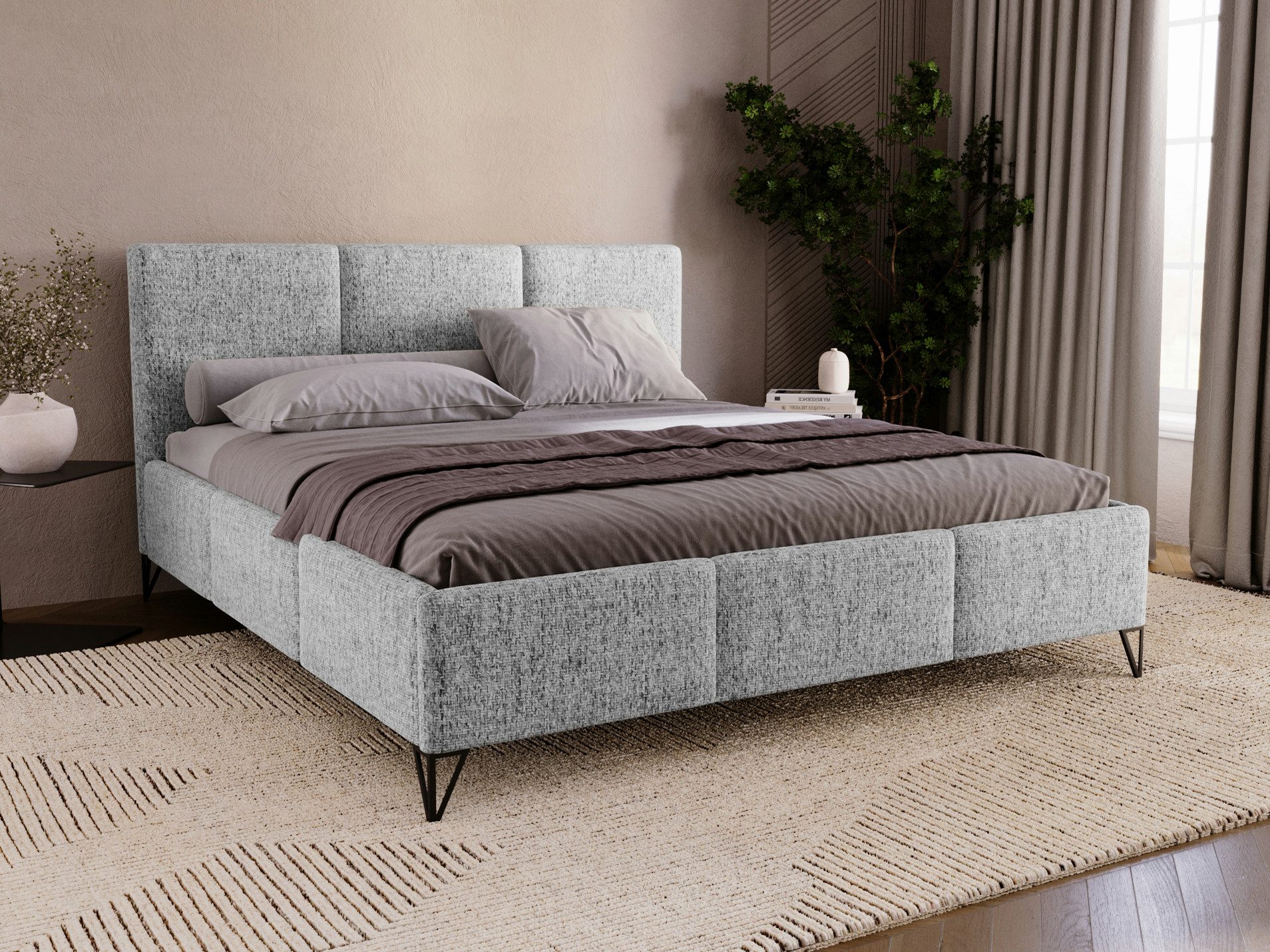 Compleo Polsterbett auf hohen Füße, geflechtartiger Stoff im Retro-Stil, Designerbett