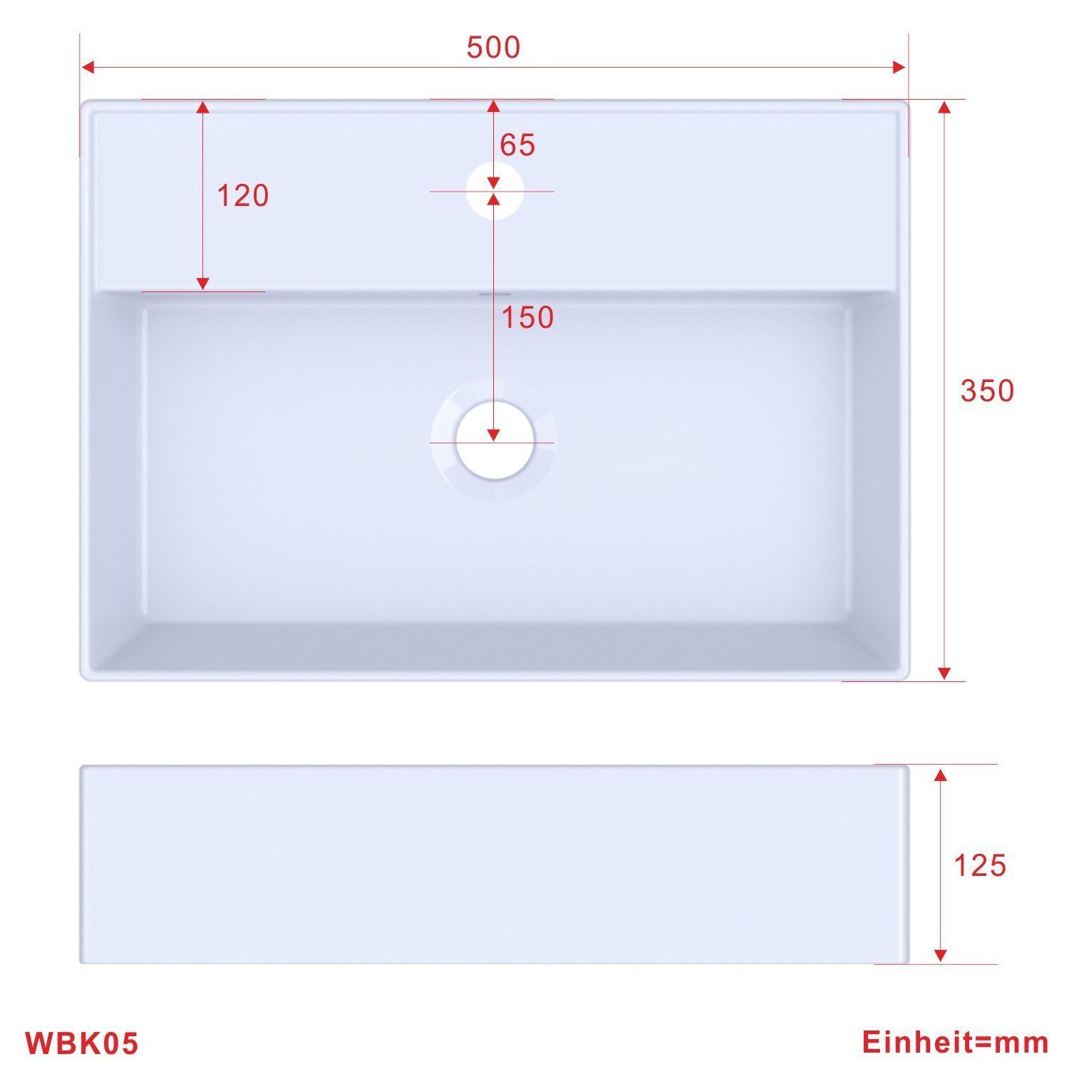 AQUALAVOS Aufsatzwaschbecken Eckiges Waschbecken 50x35cm Weiß Keramik mit Überlauf Wandhängend, Langlebig & robust Pflegeleicht Einfache Installation für Badezimmer