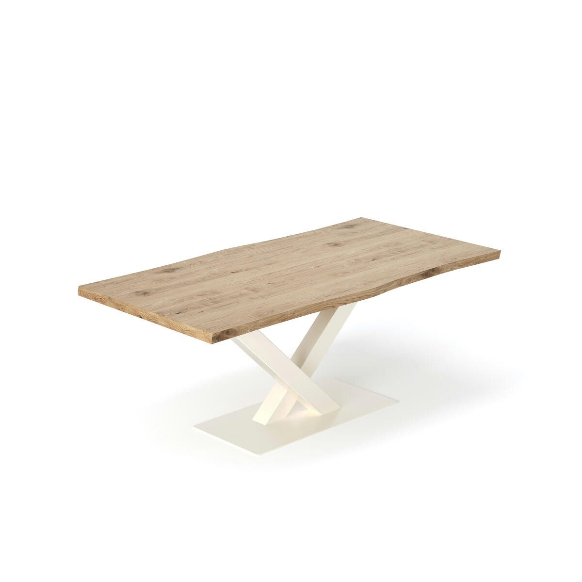 Rellgo Esstisch aus massiver Eiche – Baumkante & weißes V-Gestell – robust & edel, 4 cm starke Platte, geölte Oberfläche, markante Maserung