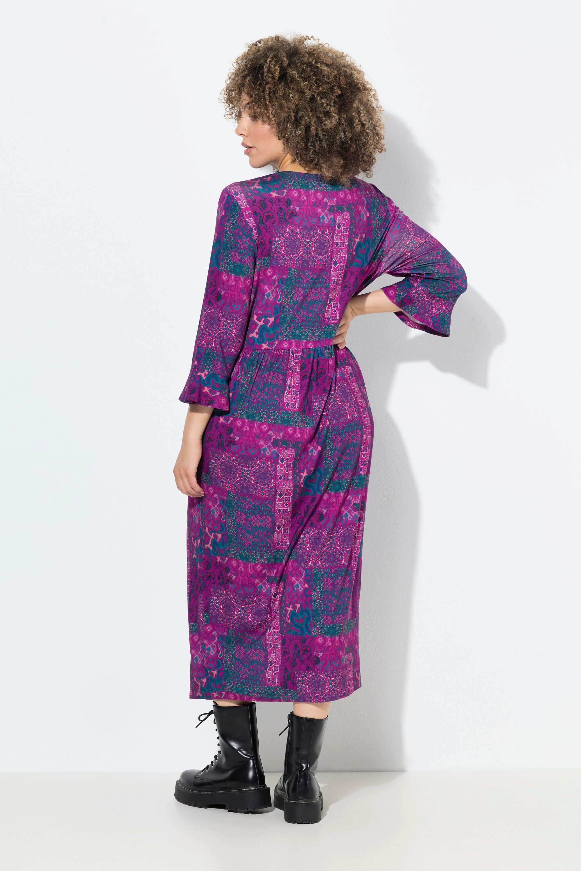 Ulla Popken Jerseykleid Jersey-Midikleid Patchdruck A-Linie Rundhals