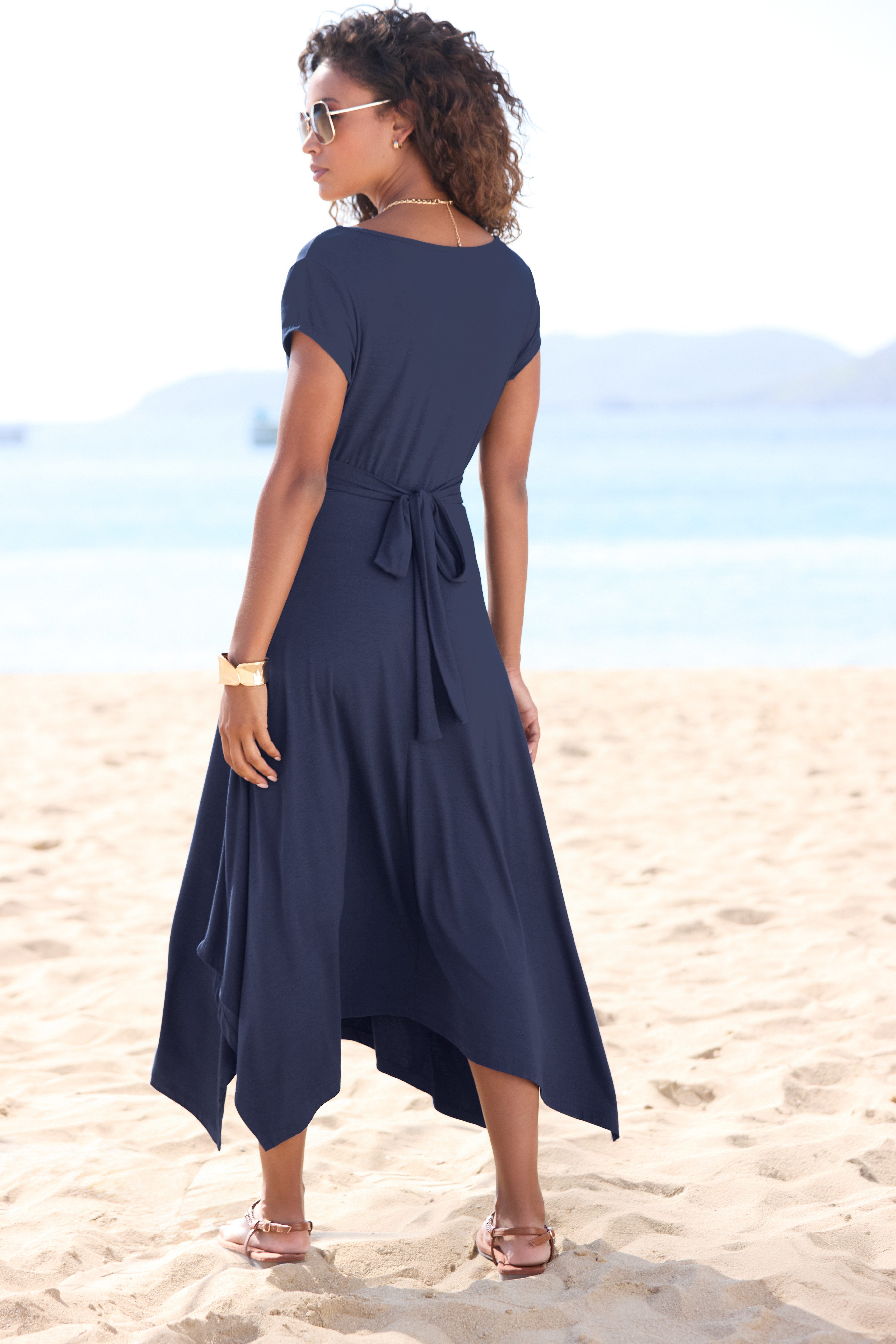 Beachtime by Lascana Jerseykleid mit asymmetrischem Zipfelsaum und Schleife in der Taille, elegant Leichtes Sommerkleid, Strandkleid, Viskosekleid, Basickleid