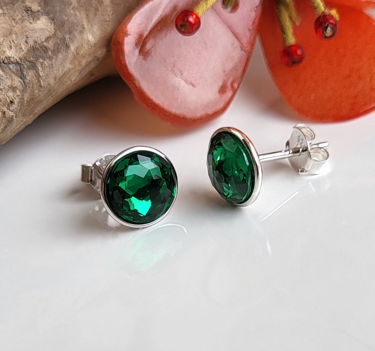 Schöner-SD Paar Ohrstecker Silberohrringe Stecker mit Kristall rund 8mm Ohrringe 925 Silber, mit Markenkristall