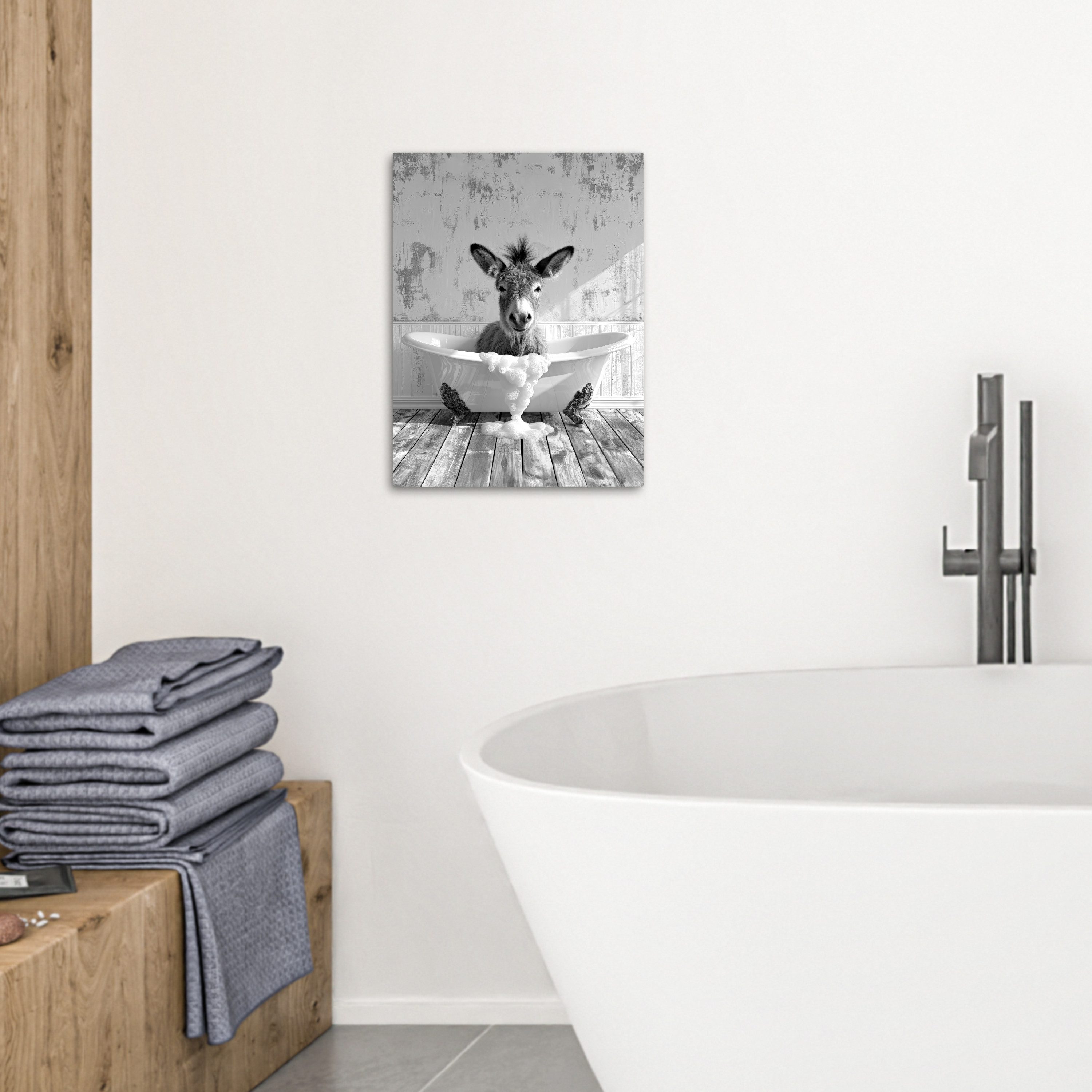 OneMillionCanvasses® Leinwandbild Esel - Tier - Vintage - Badewanne - Schwarz - Weiß, Fotodruck (1 St), Badezimmer Deko, Bilder Bad, Gäste WC Wanddeko 30x40 cm