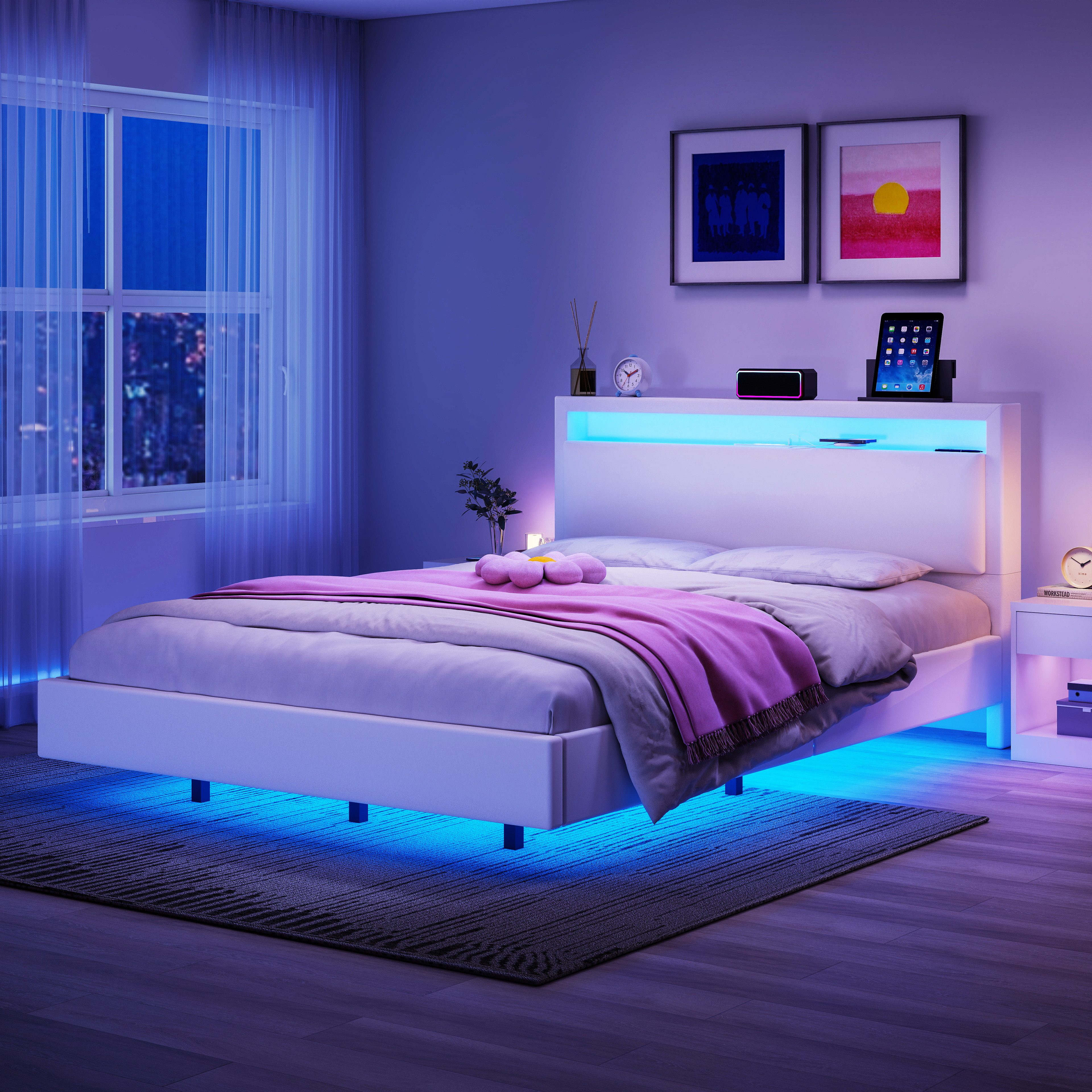 oyajia Polsterbett Schwebebett mit USB Ladefunktion und LED-Beleuchtung, Schwebender visueller Effekt, Jugendbett Bettgestell 140x200cm