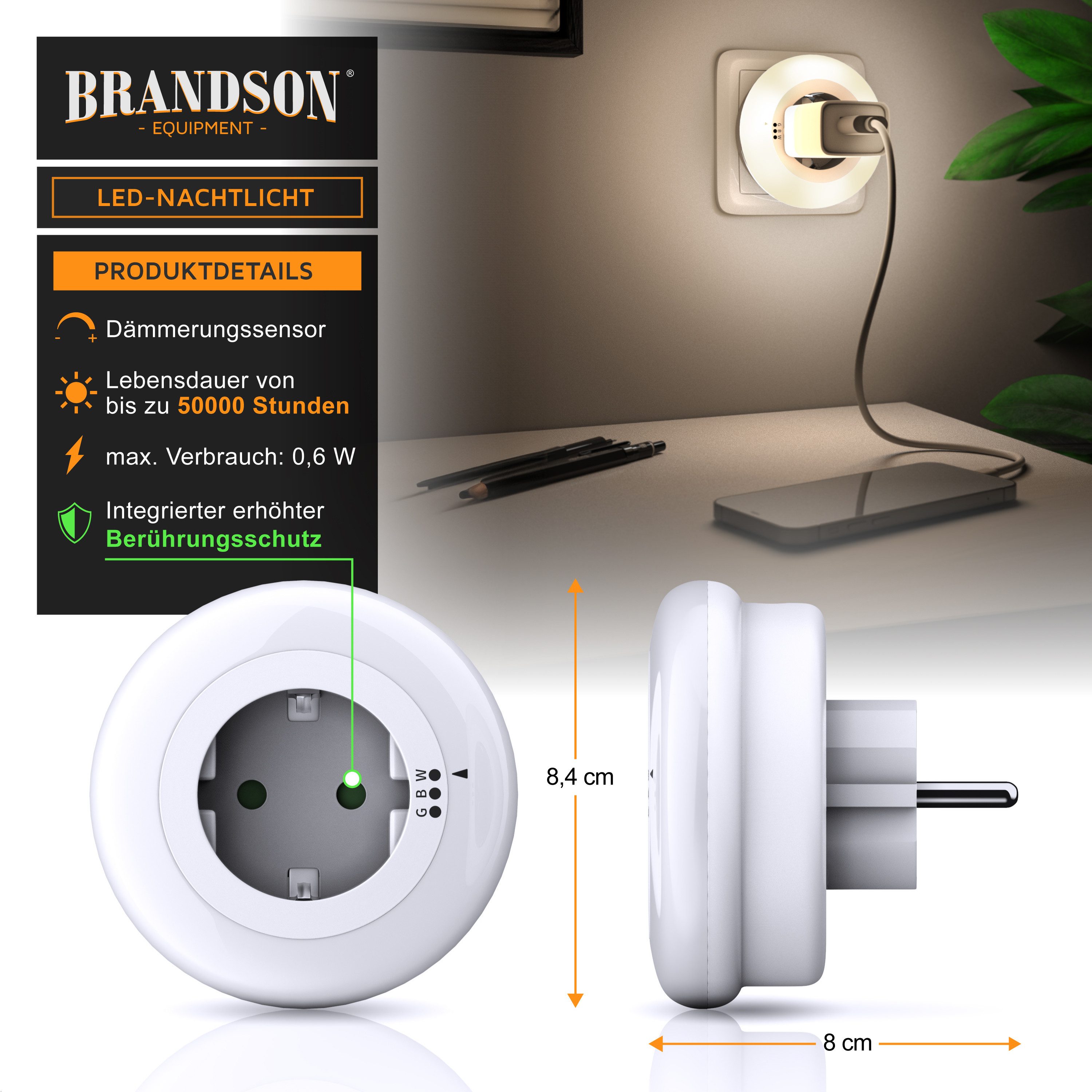 Brandson LED Nachtlicht Nacht & Orientierungslicht mit Steckdose, Helligkeits/Dämmerungssensor, Automatische Ein-/Ausschaltung; Farbwechsel; Nachtlichtfunktion, LED fest integriert, Warmweiß, Grün, Blau, Nachtlampe mit Zwischenstecker & auswählbaren Farben