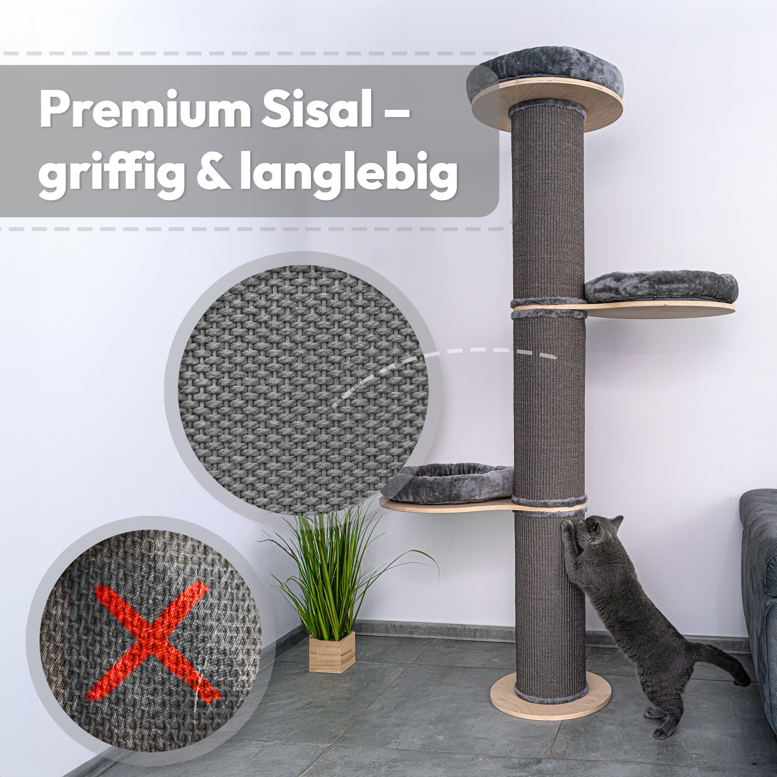 PET VIOLET Kratzbaum wandmontiert 185 cm hoch, XXL Katzenbaum I Premium Sisal Säulen, Kissen abnehmbar & waschbar, Premium Sisal, XXL Katzenbaum185 cm hoch