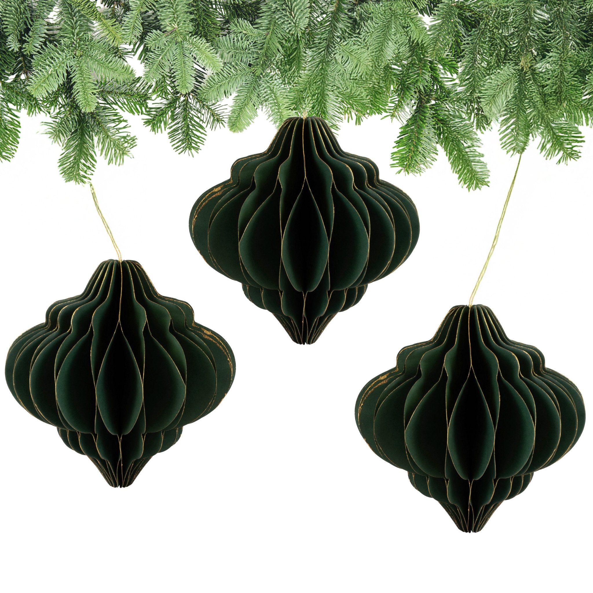 matches21 HOME & HOBBY Dekohänger Weihnachtsdeko Ornamente zum Aufhängen Dunkelgrün 3er Set (3 St), 8 cm Papier Weihnachtsbaumschmuck