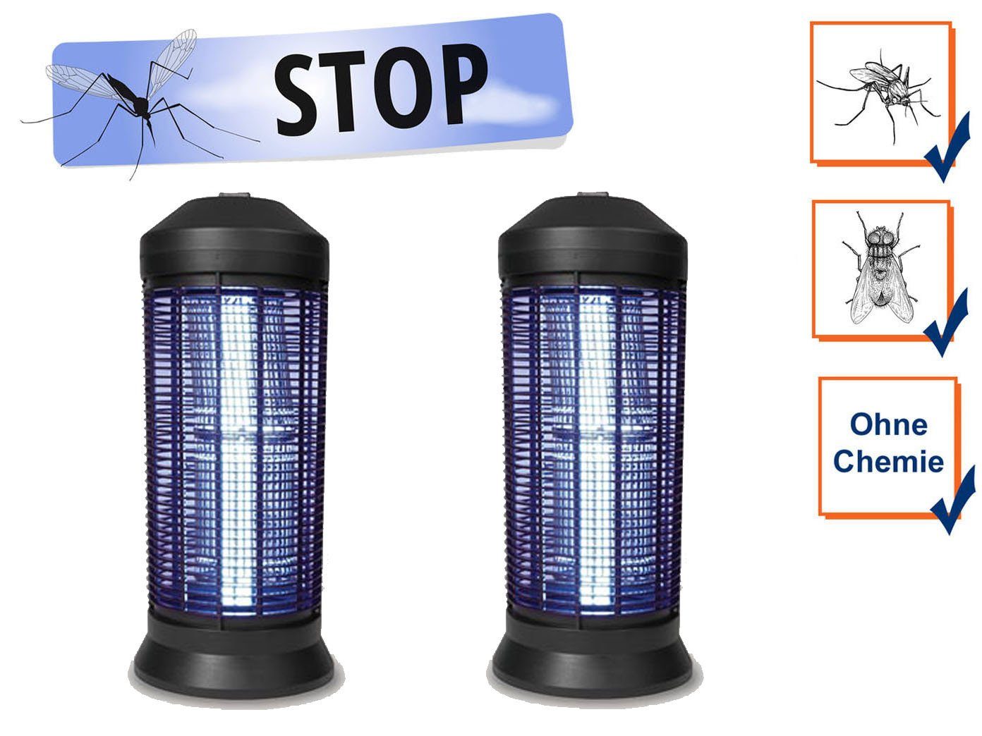 Insektenschutzplissee, PEREL, Hängend oder als Standgerät, UV Insektenlampe 2er SET elektrische Mückenlampen Fliegenfalle, 600m²